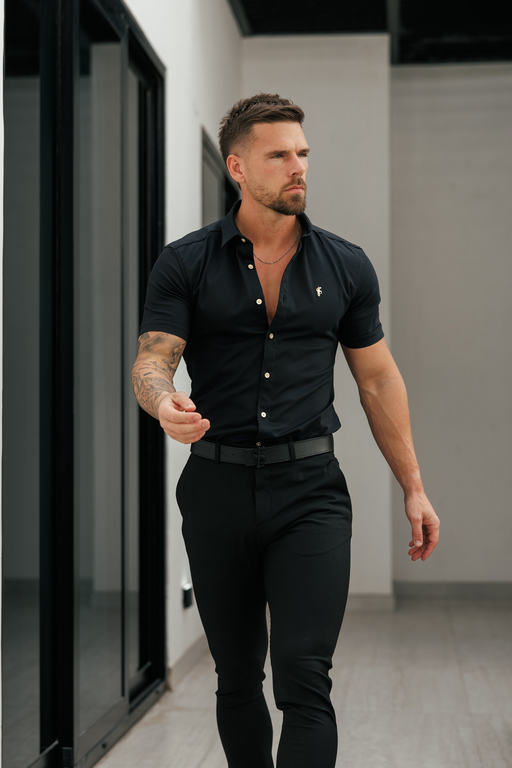 Super Slim Stretch Black Denim Short Sleeve with Gold Metal Decal and Buttons - FS1237