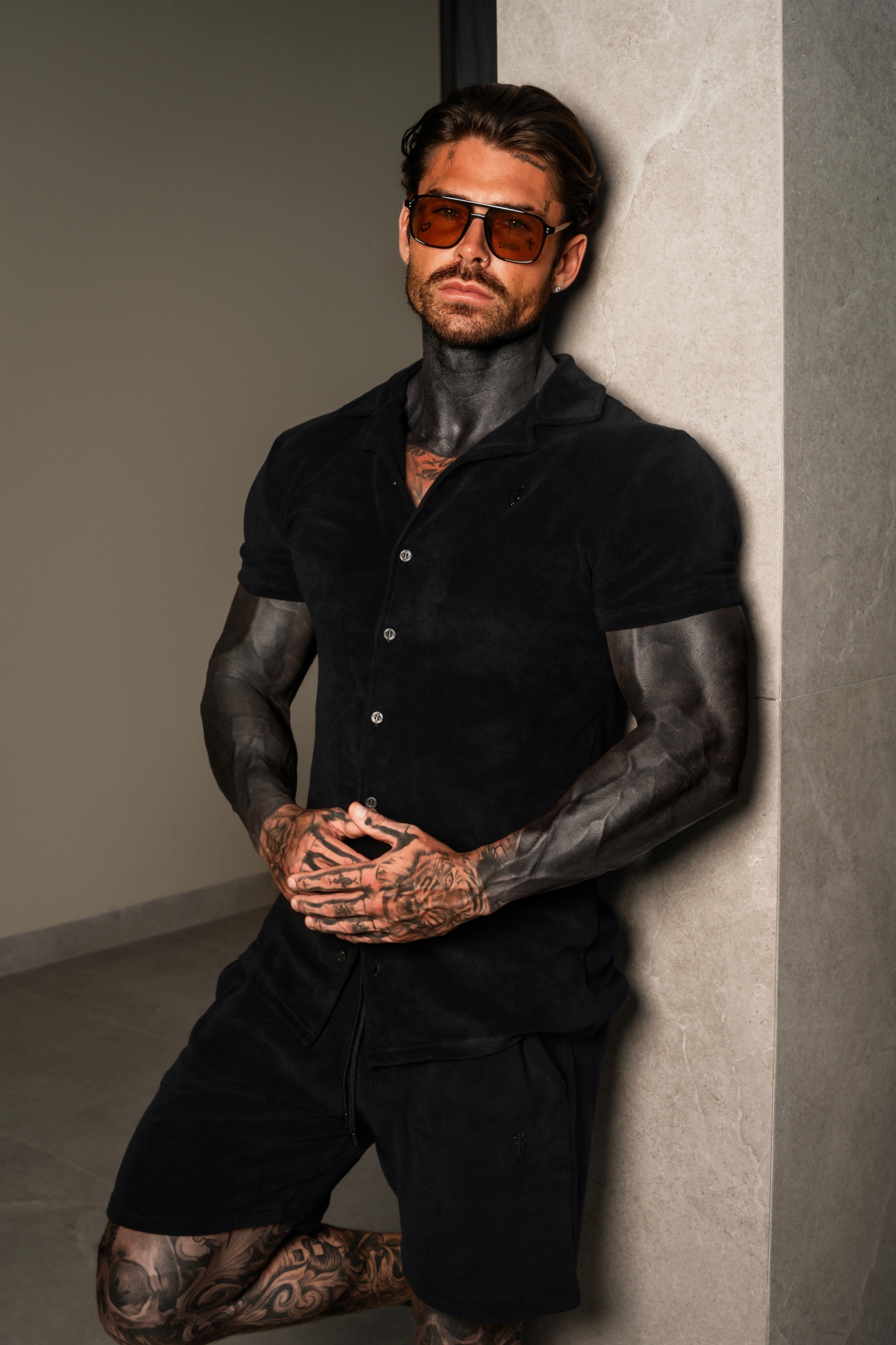 Black Towelling Revere Shirt Short Sleeve - FSH1493