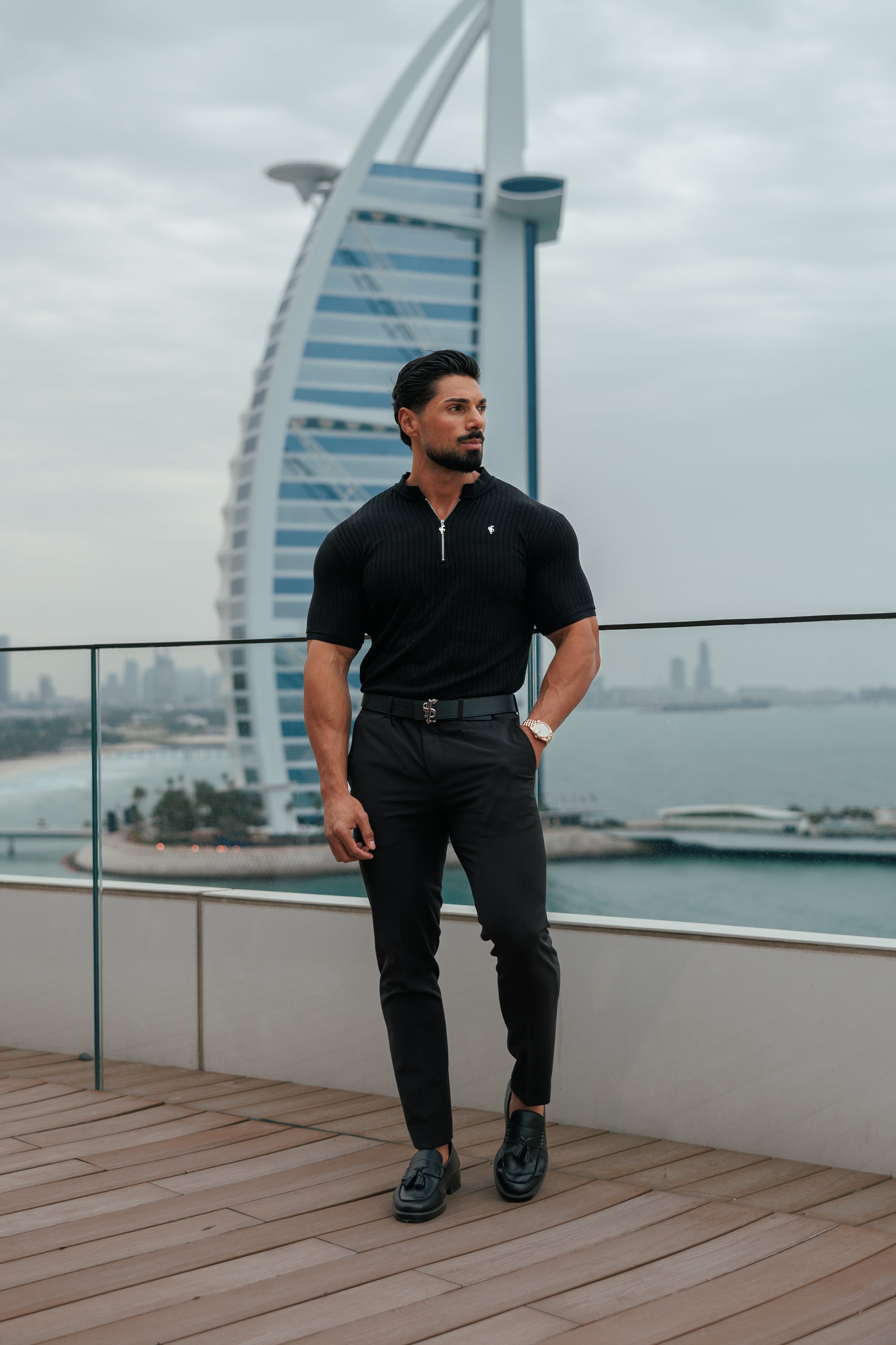 Super Slim Black / Silver  Ribbed Zip Grandad Collar Shirt Short Sleeve - FSH1445
