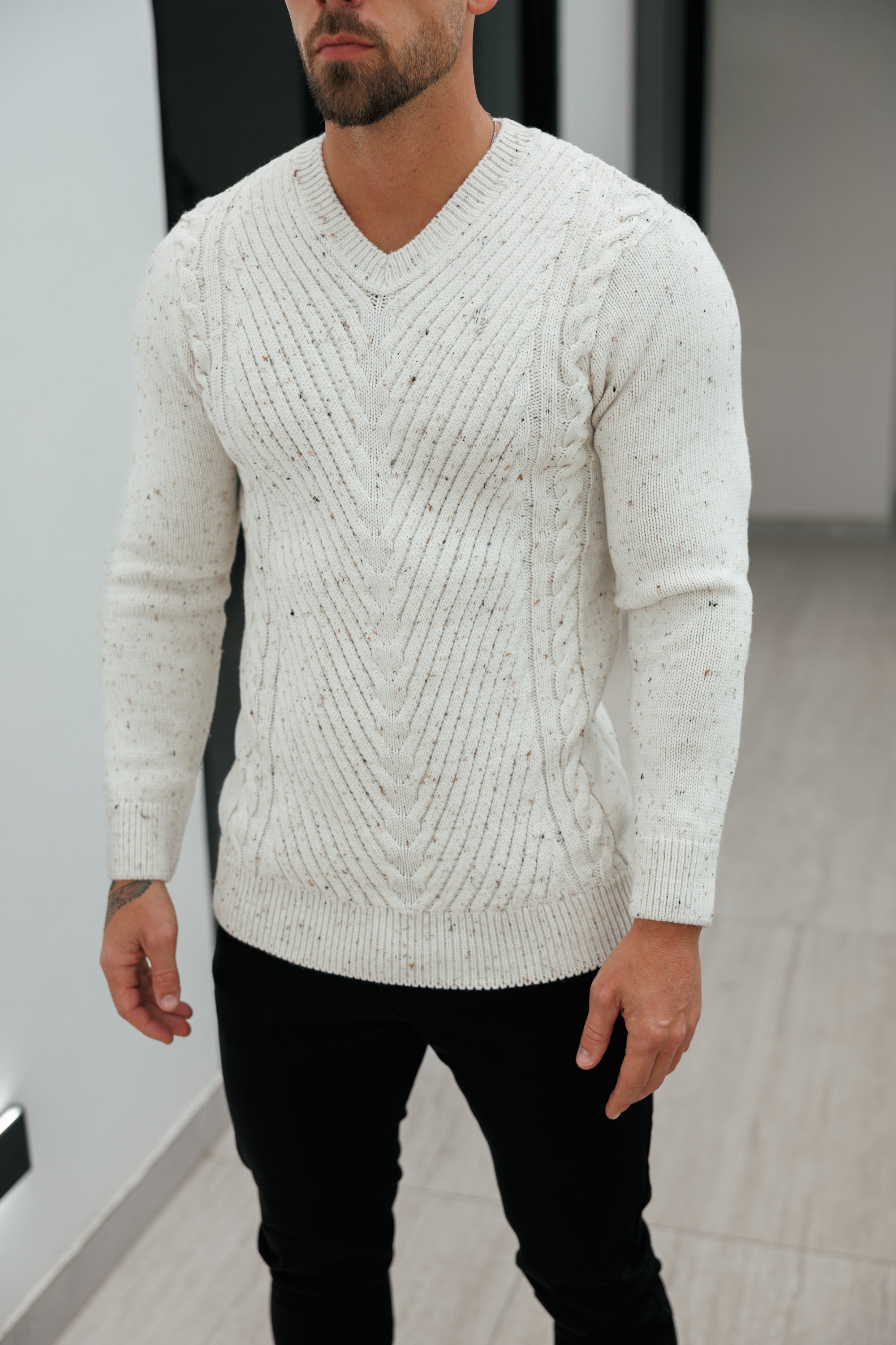 Chevron Front Beige Fleck V Neck Jumper - FSJ153