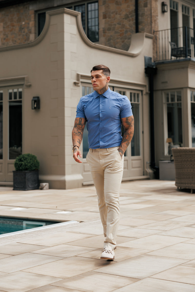 Father Sons Muscle Fit Advanced Stretch Mid Blue Short Sleeve with Cutaway Collar - FS1203