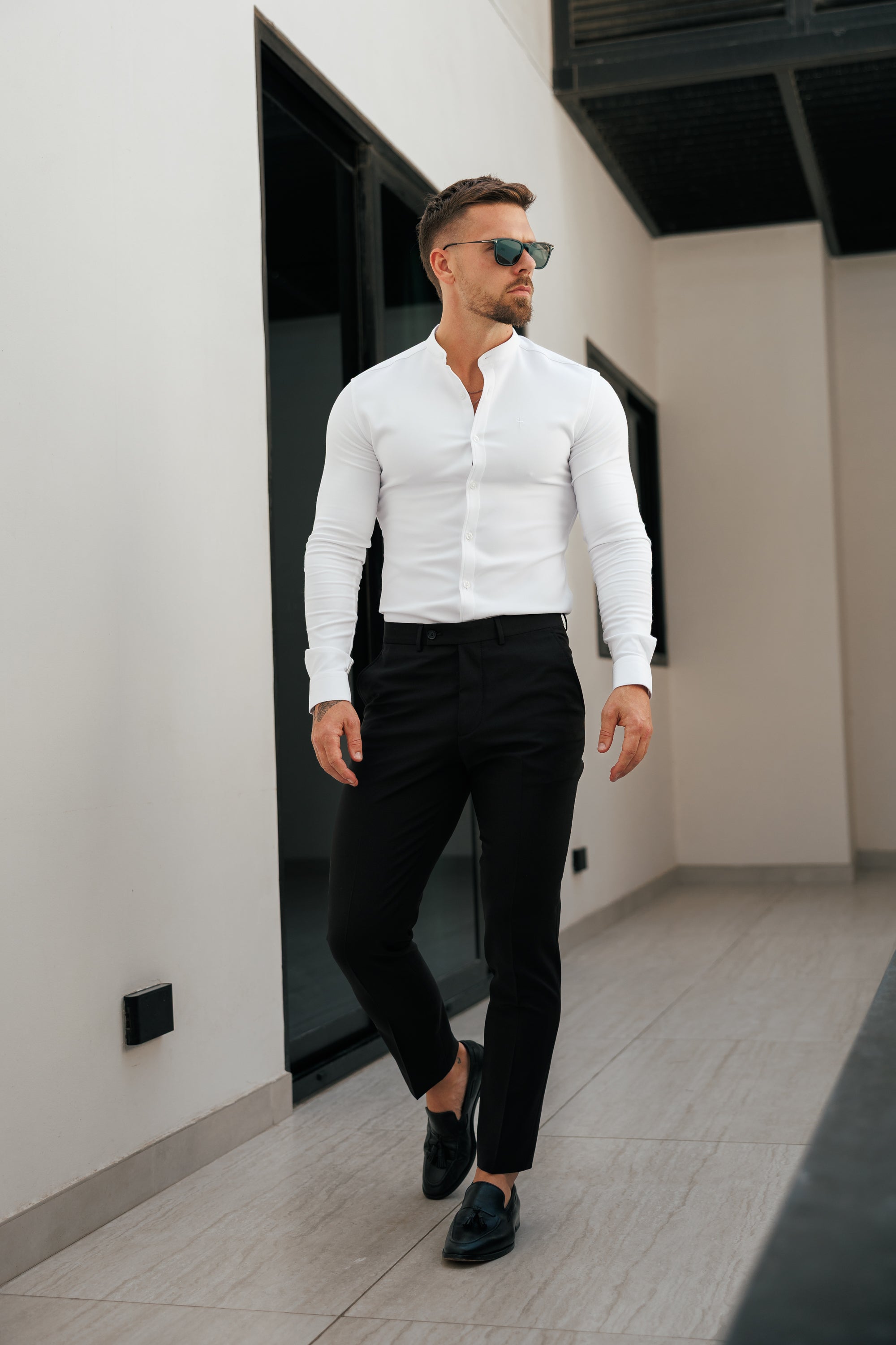 Super Slim Scuba White Long Sleeve Stretch with Grandad Collar - FS1170