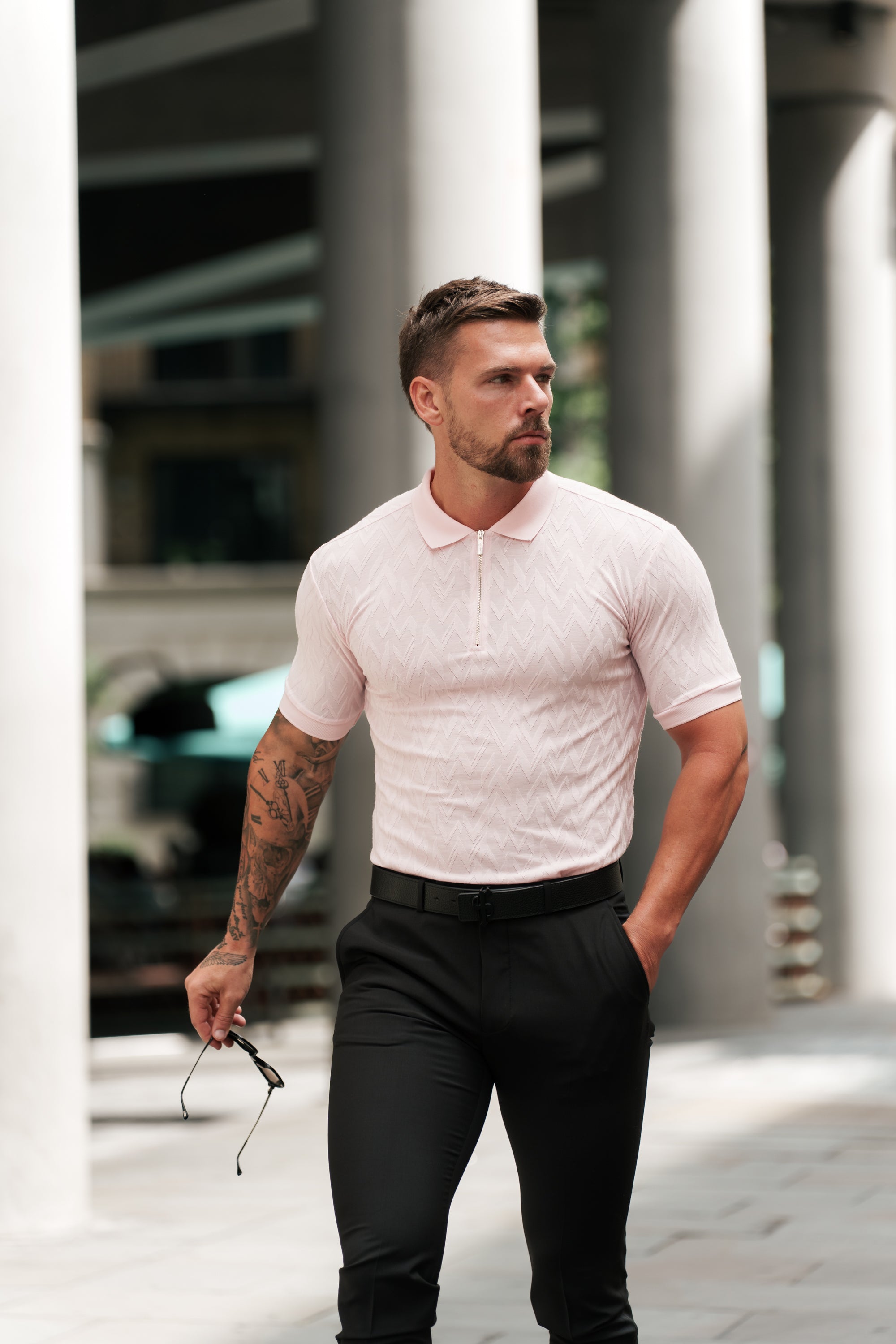 Classic Jacquard Pink Chevron Zipped Polo - FSR022