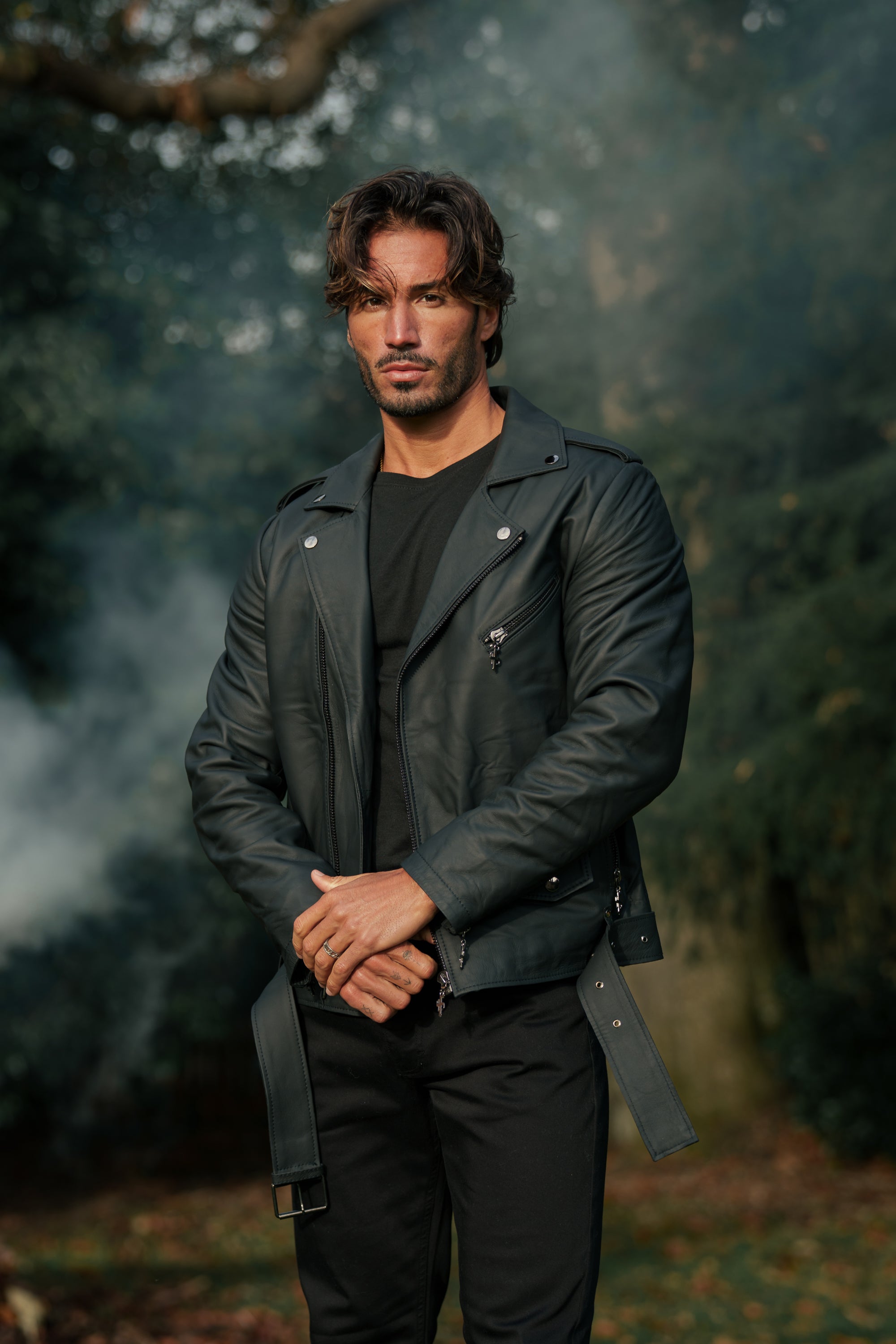 Black Leather Jacket with Belt Detail - FSH313