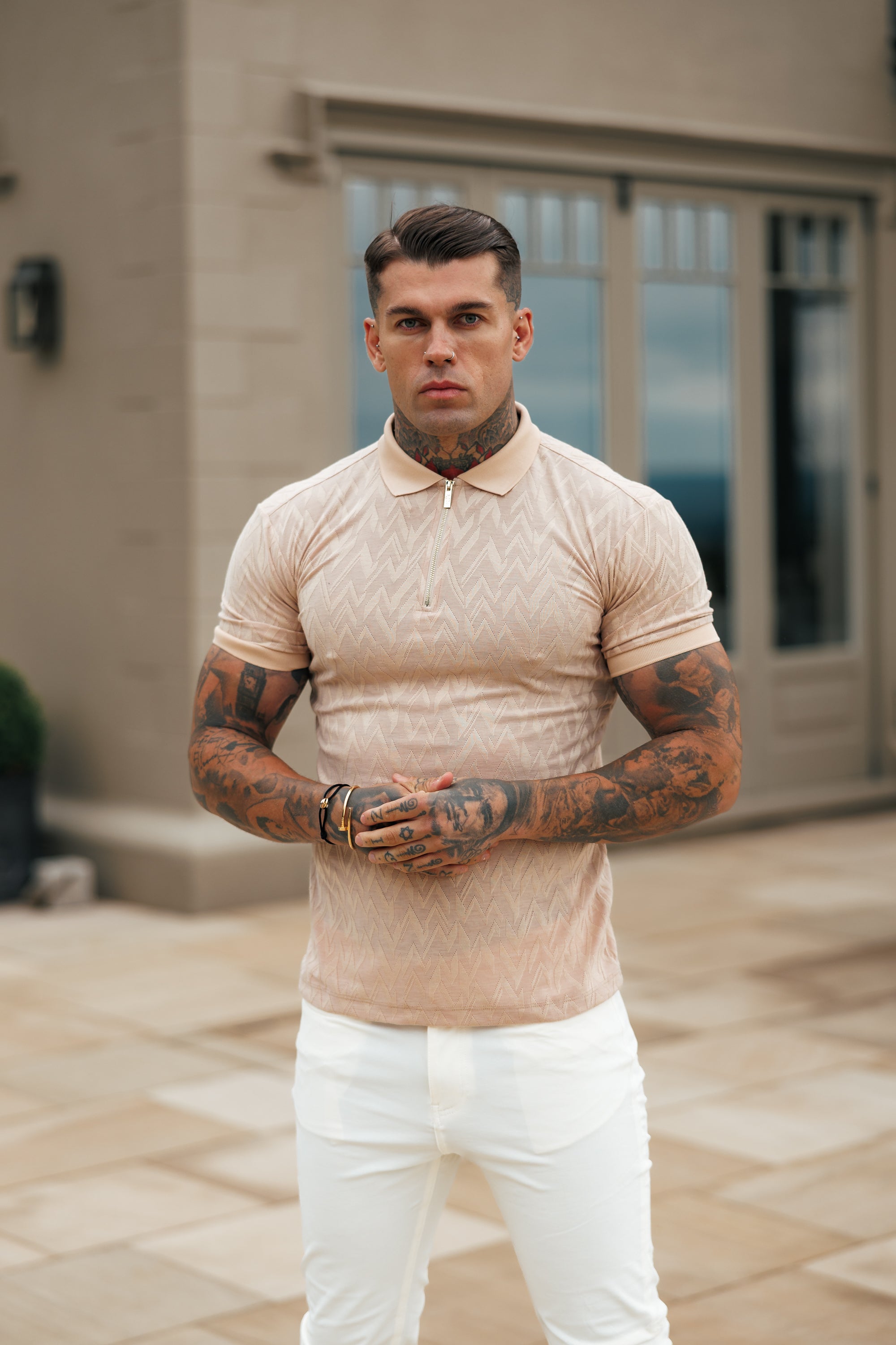 Classic Jacquard Beige Chevron Zipped Polo - FSR023