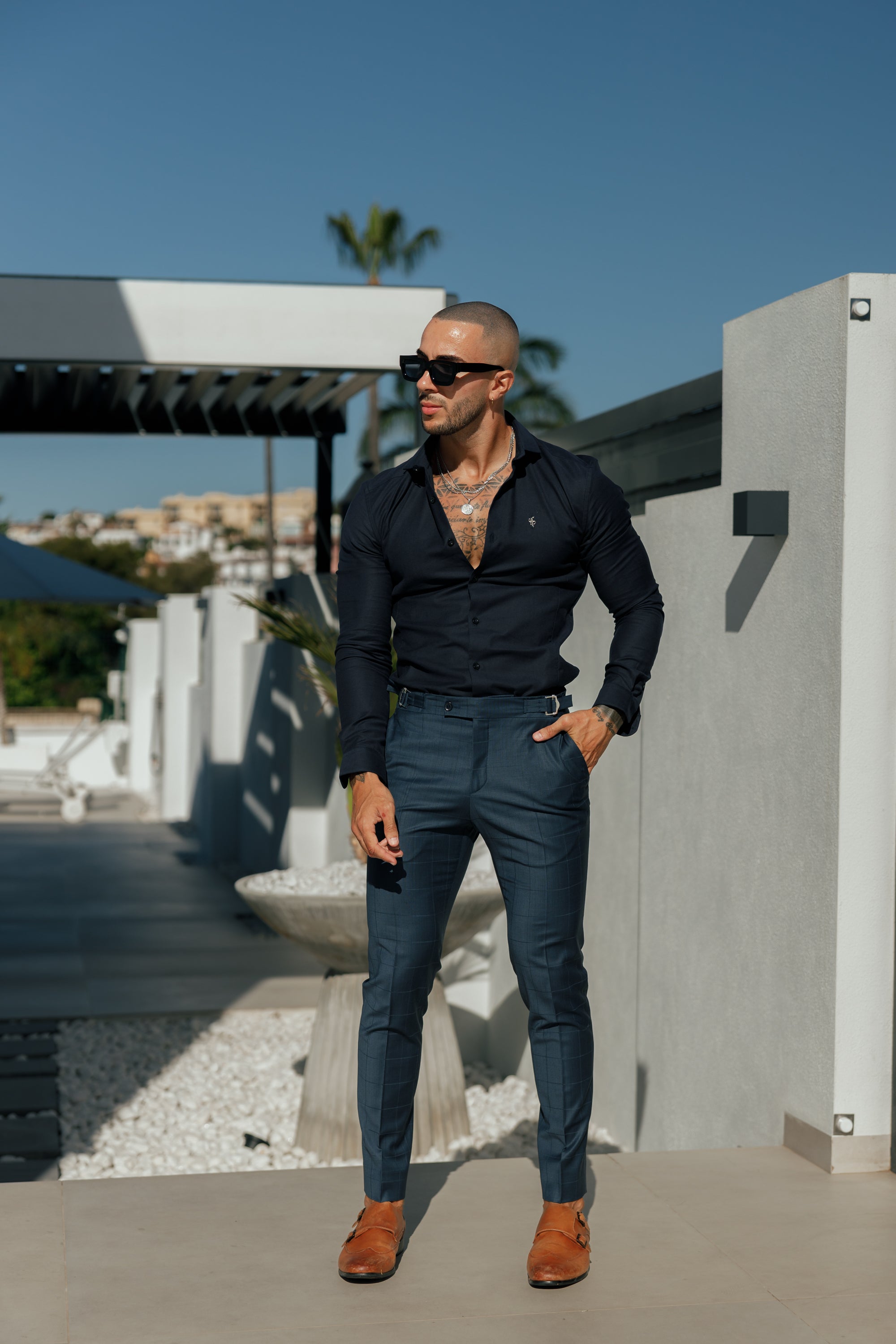 Father Sons Slim Formal Navy Self Check Stretch Pants with Side Adjusters - FST030