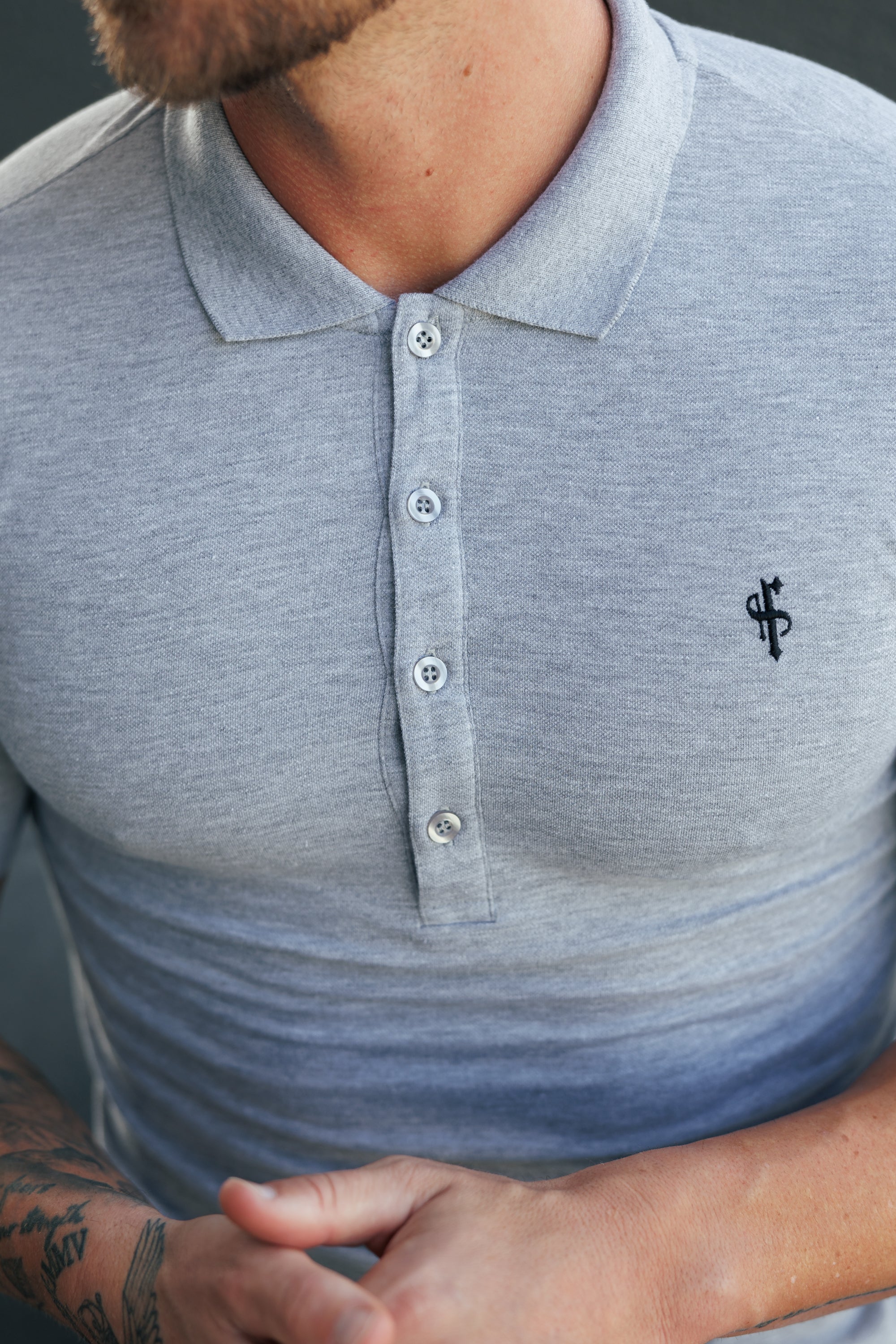 Classic Light Grey Polo Shirt with Tonal Button and Black Embroidery - FSH1268