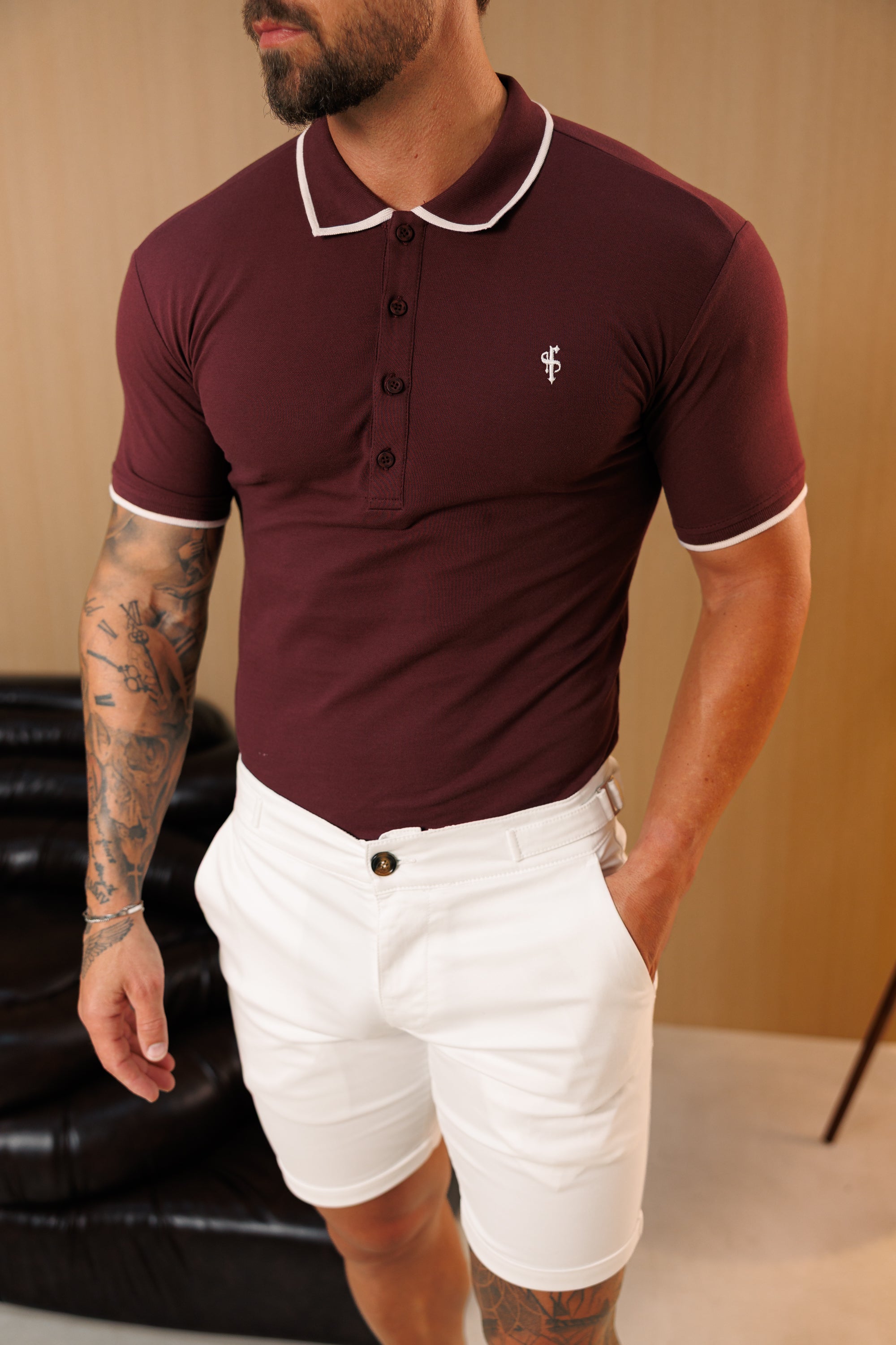 Burgundy / White Polo Shirt With Contrast Collar and Sleeve - FSH1676