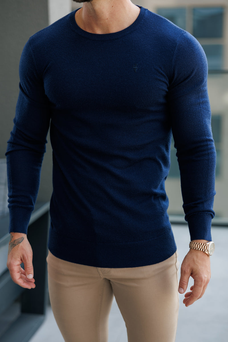 Father Sons Classic Navy Roll Neck Merino Wool Knitted Sweater With FS Embroidery - FSN011