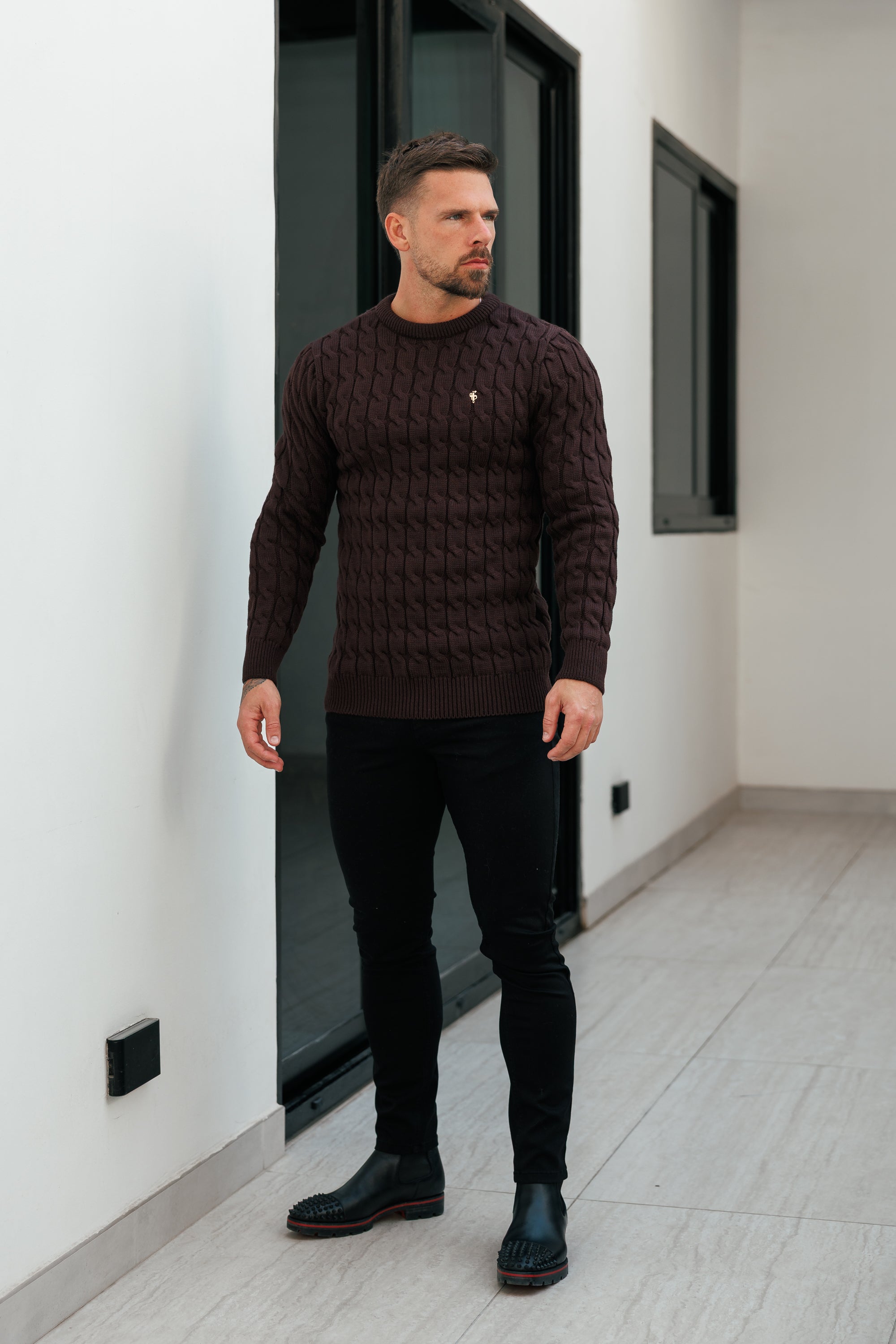 Link Weave Knit Brown Crew Neck Jumper - FSJ141