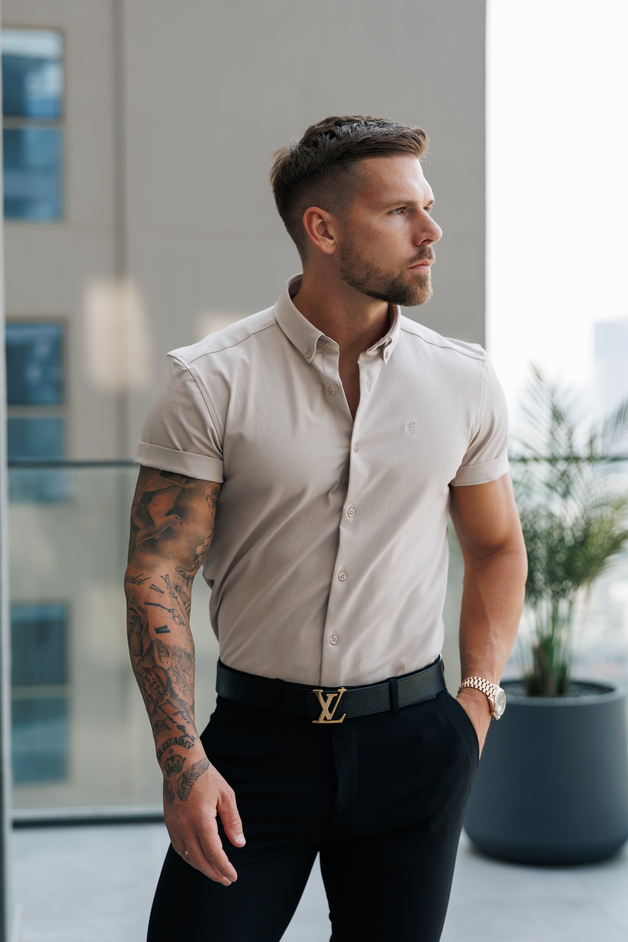 Super Slim Stretch Beige Short Sleeve with Button Down Collar - FS1098