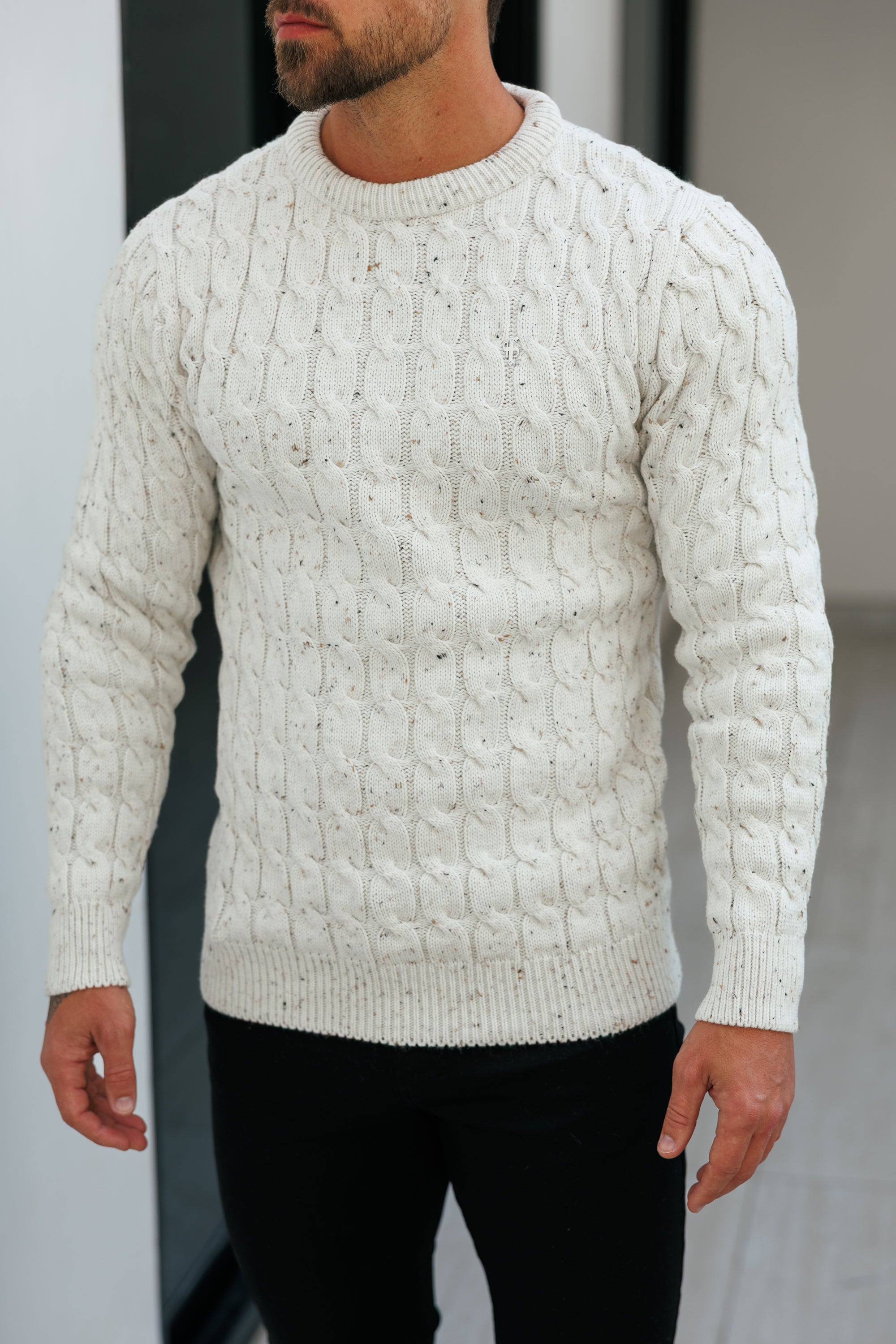 Link Weave Knit Beige Fleck Crew Neck Jumper - FSJ128