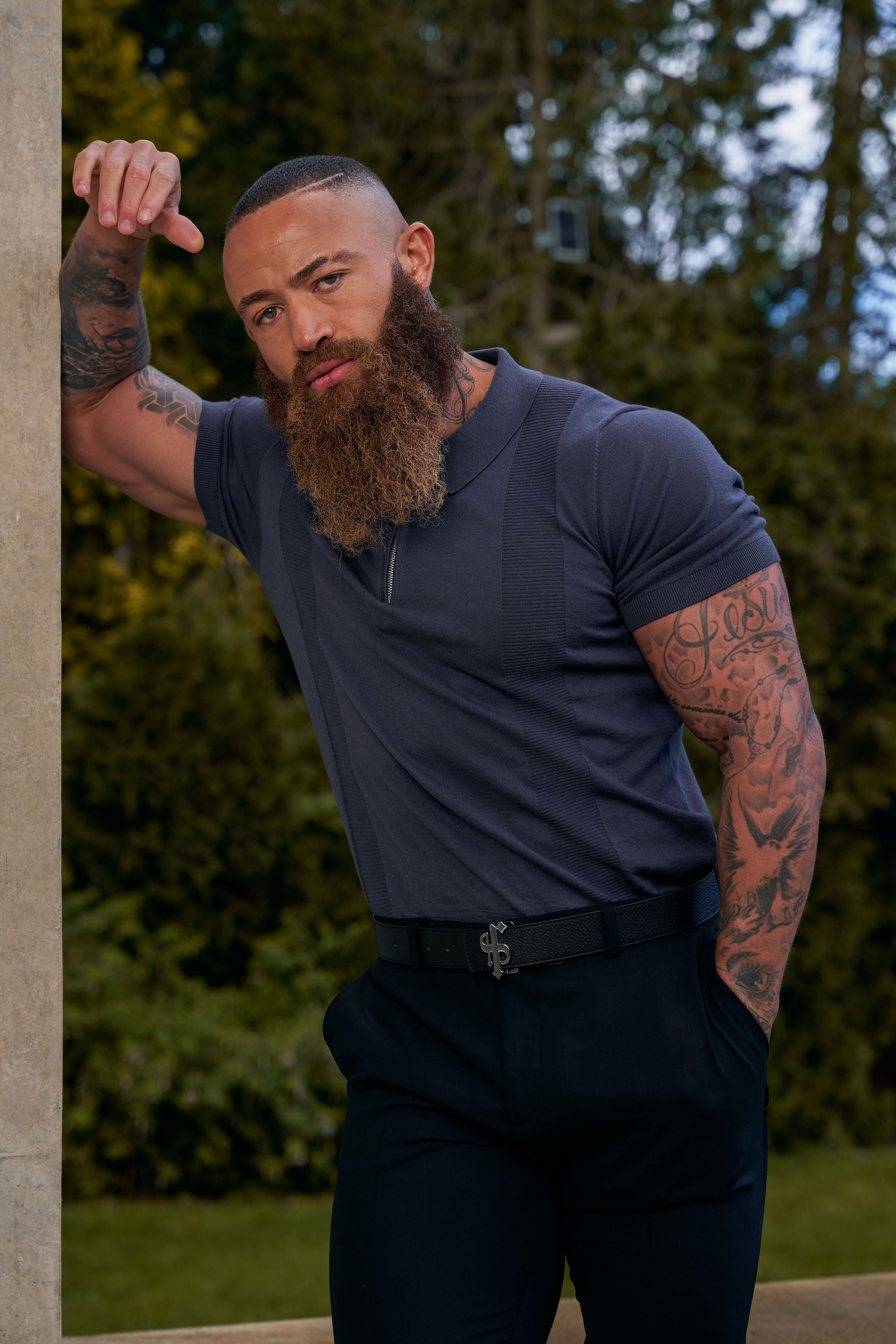 Classic Gunmetal and Silver Zip Knitted Polo Shirt Short Sleeve  - FSN133