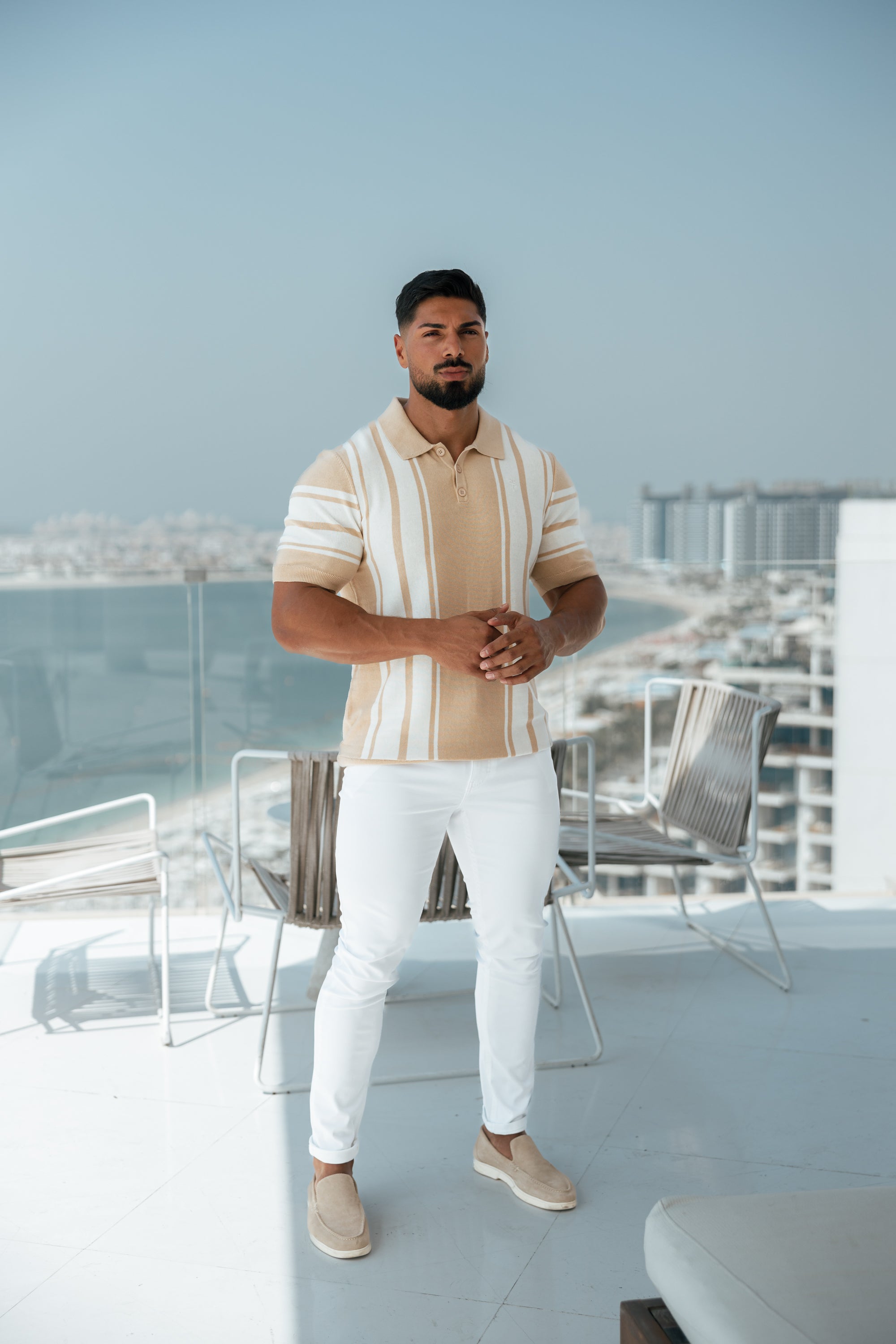 Classic Beige / Off White Knitted Vertical Stripe Polo Short Sleeve - FSN107