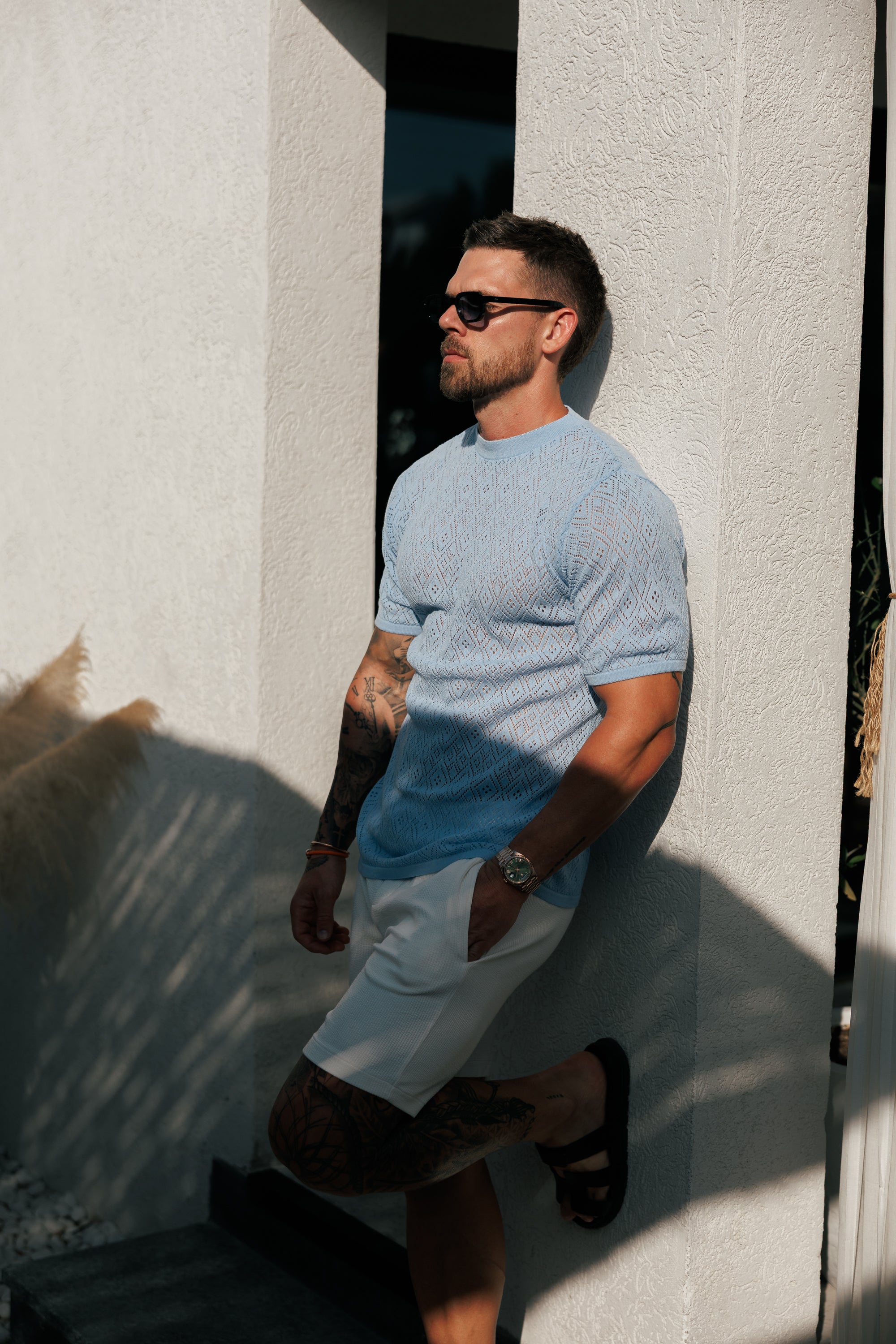 Crochet Crew T-Shirt Blue Short Sleeve - FSJ088