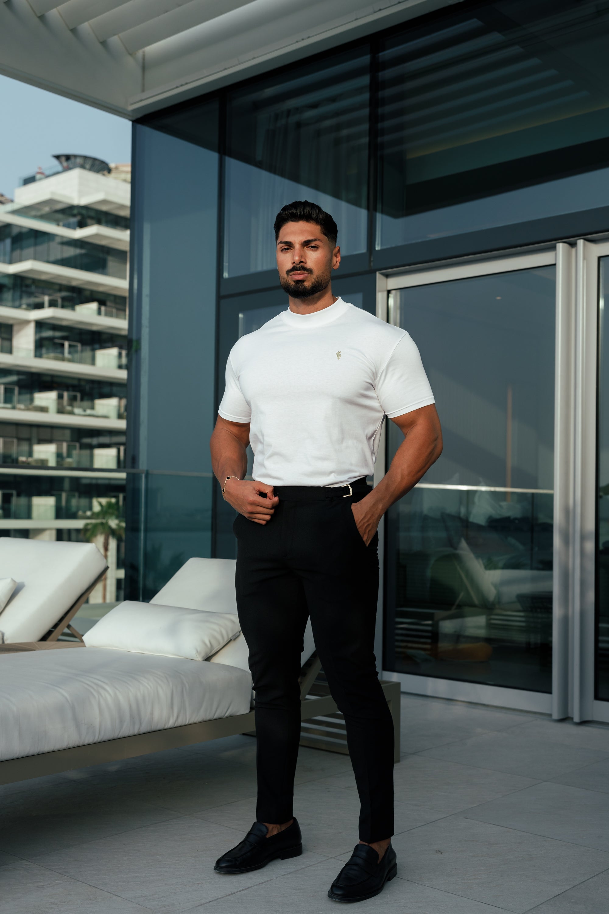 Ribbed High Neck Crew Short Sleeve White / Gold  - FSH1006