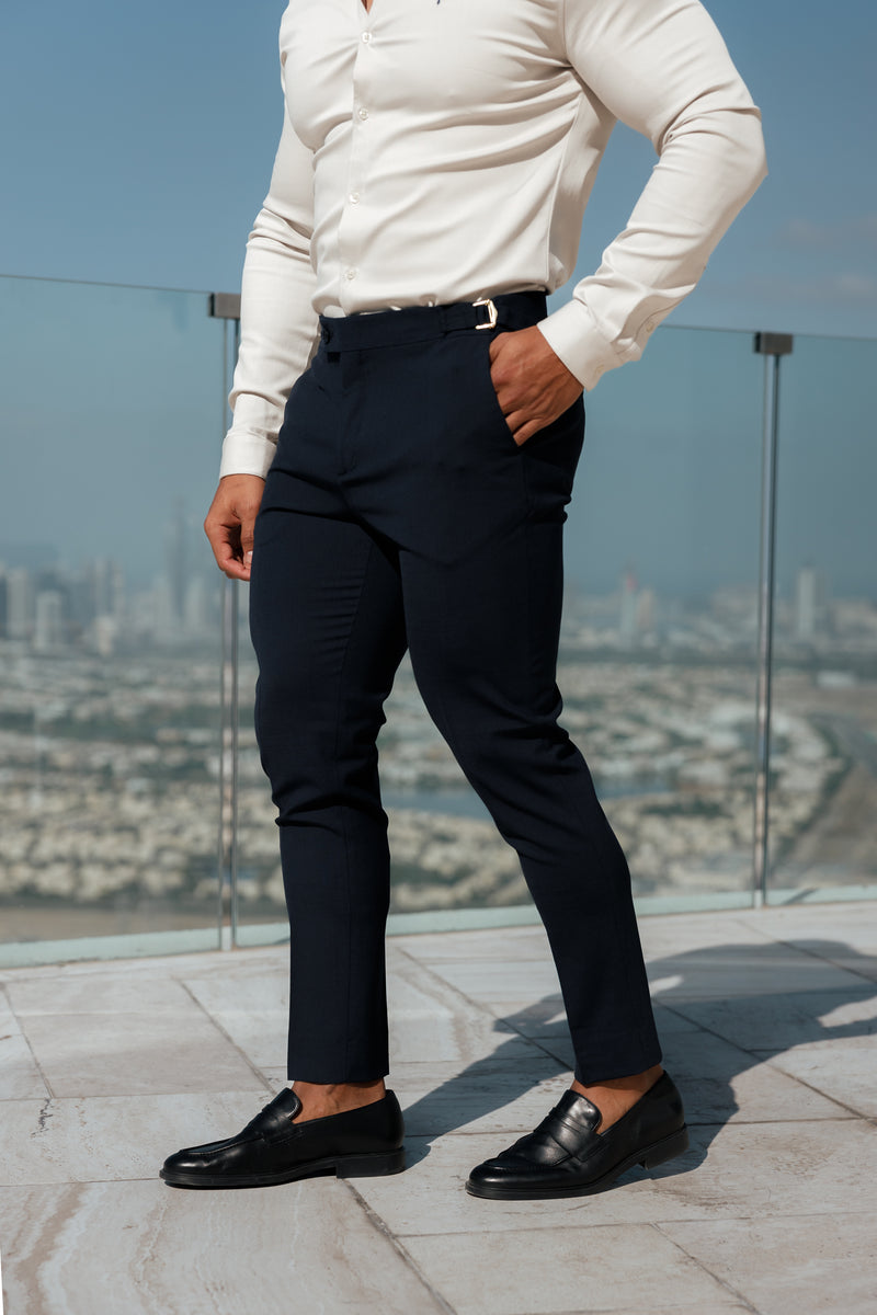 Father Sons Slim Formal Navy Stretch Pants With Gold Waist Adjusters - FST016