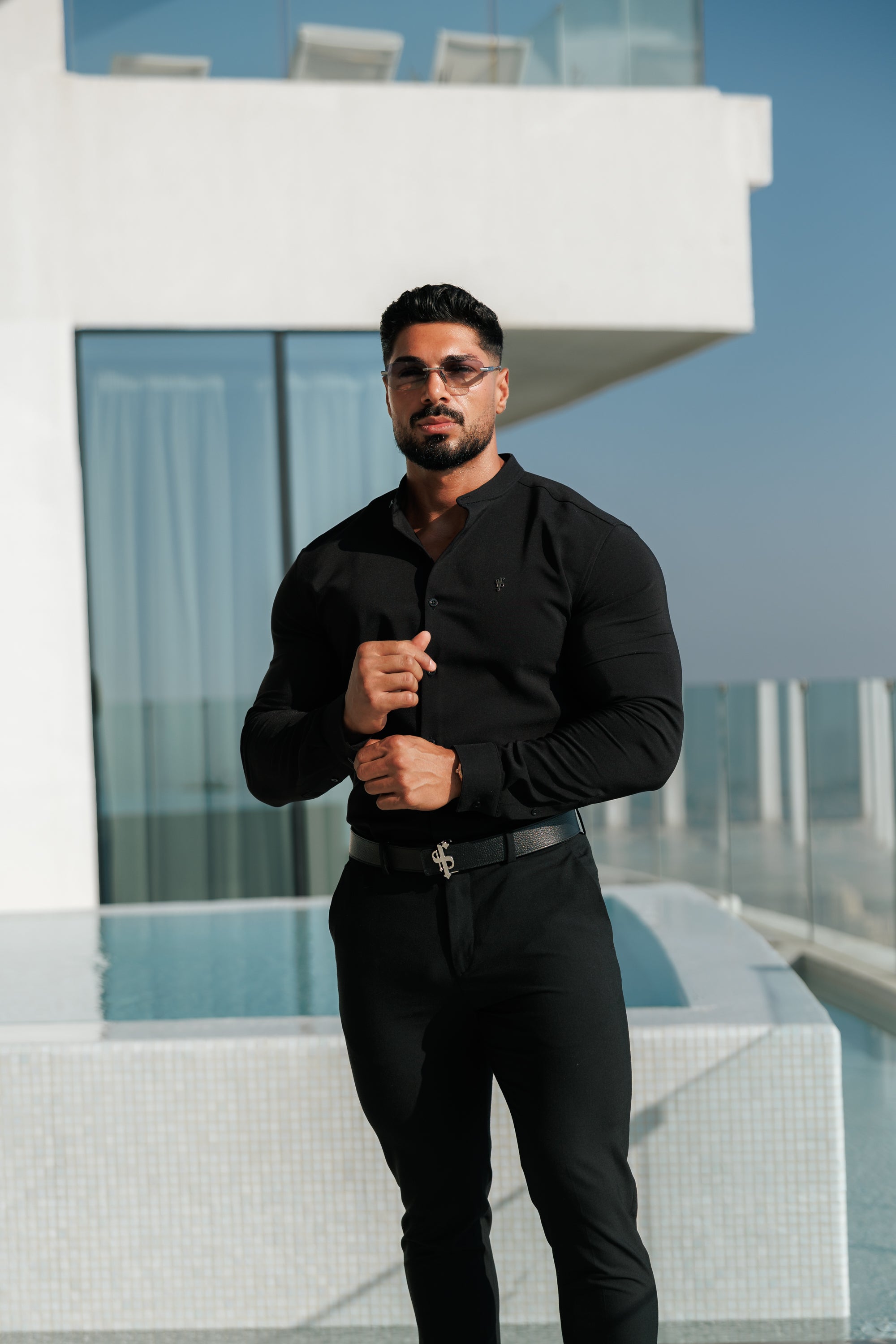 Classic Stretch Black LS with Grandad Collar - FS1078