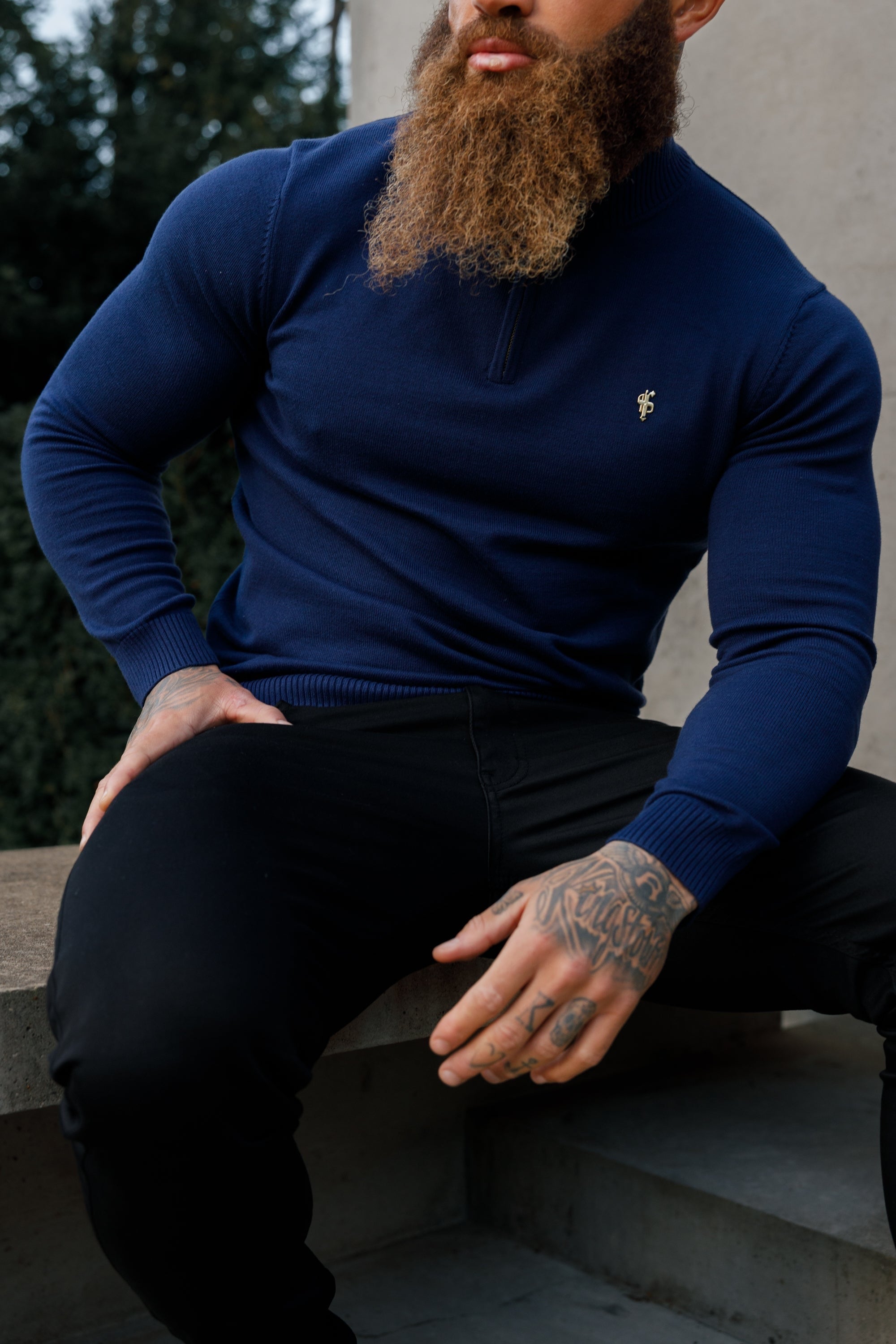 FS Navy Funnel Neck Knitted Jumper With FS Branding -  FSN191
