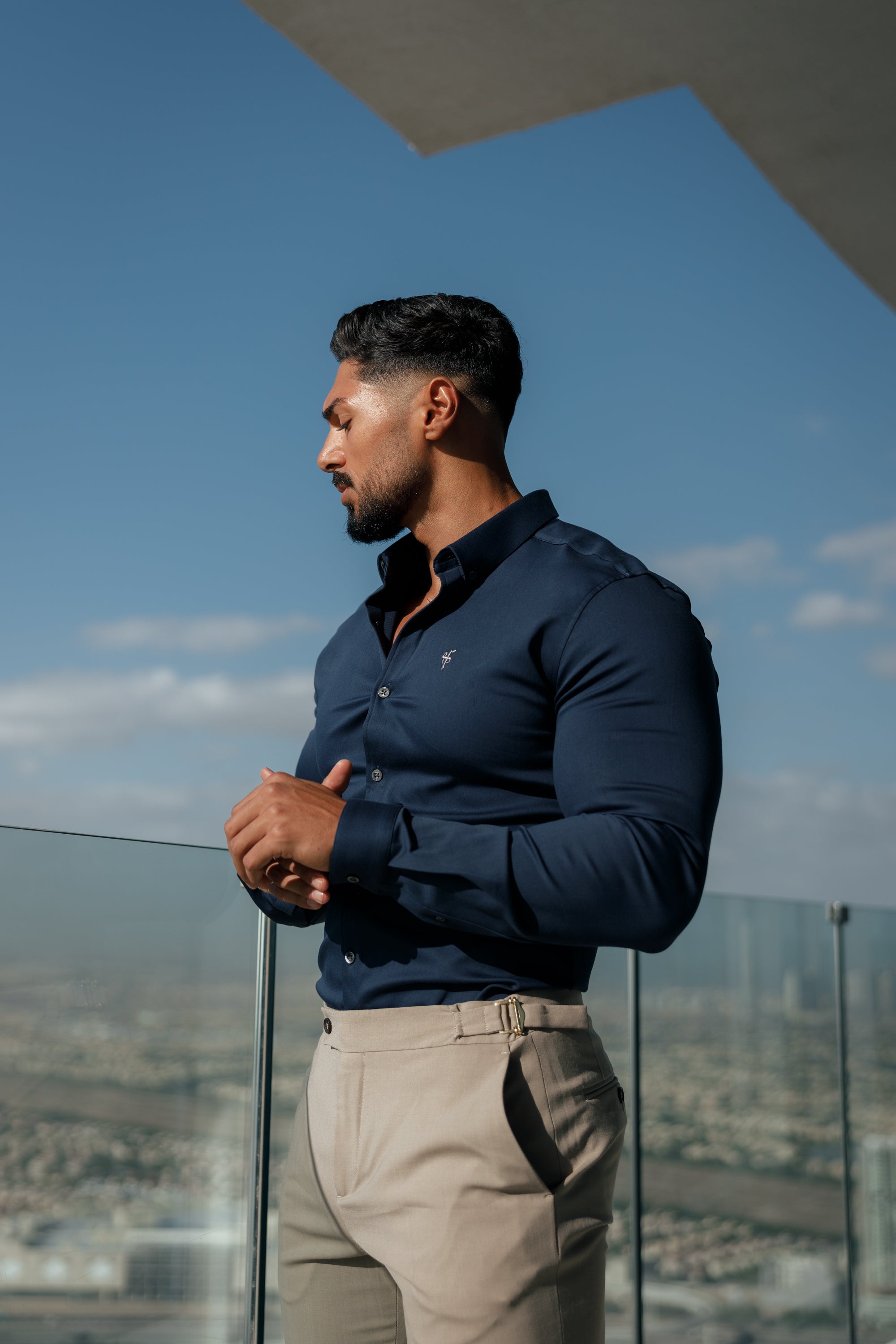 Super Slim Stretch New Navy Denim Long Sleeve With Button Down Collar - FS1018