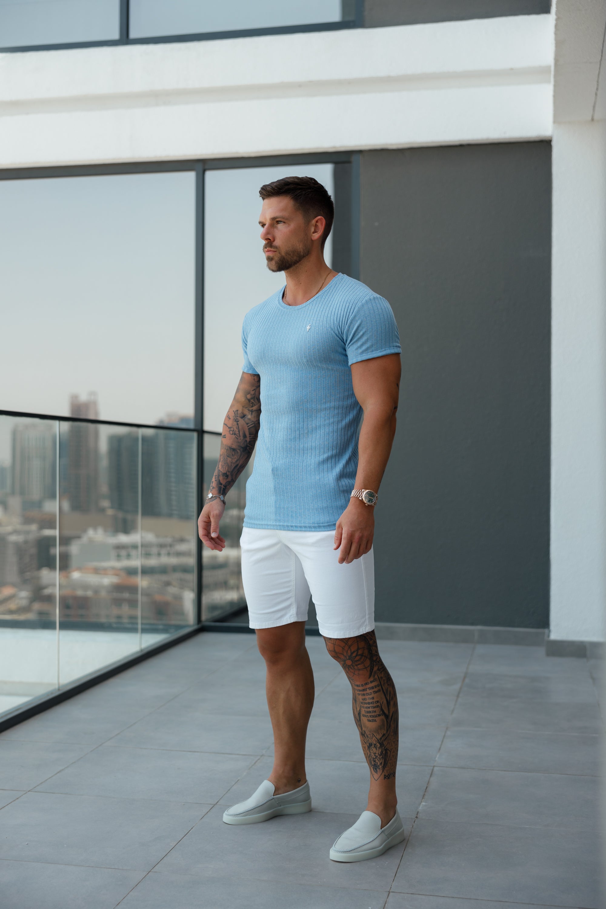 Classic Light Blue / Silver Ribbed Knit Super Slim Short Sleeve Crew T-Shirt - FSH1087