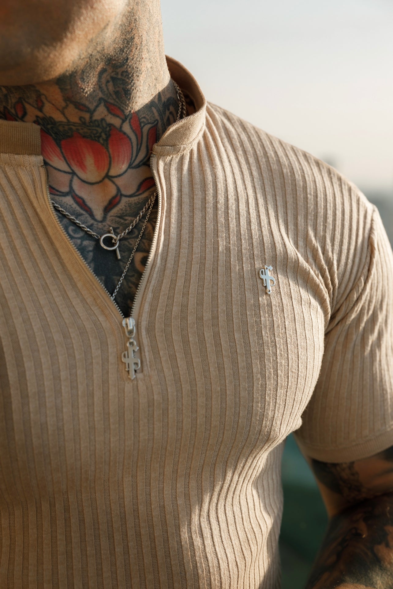 Classic Beige / Beige Ribbed Silver Zip Grandad Collar Shirt Short Sleeve - FSH916