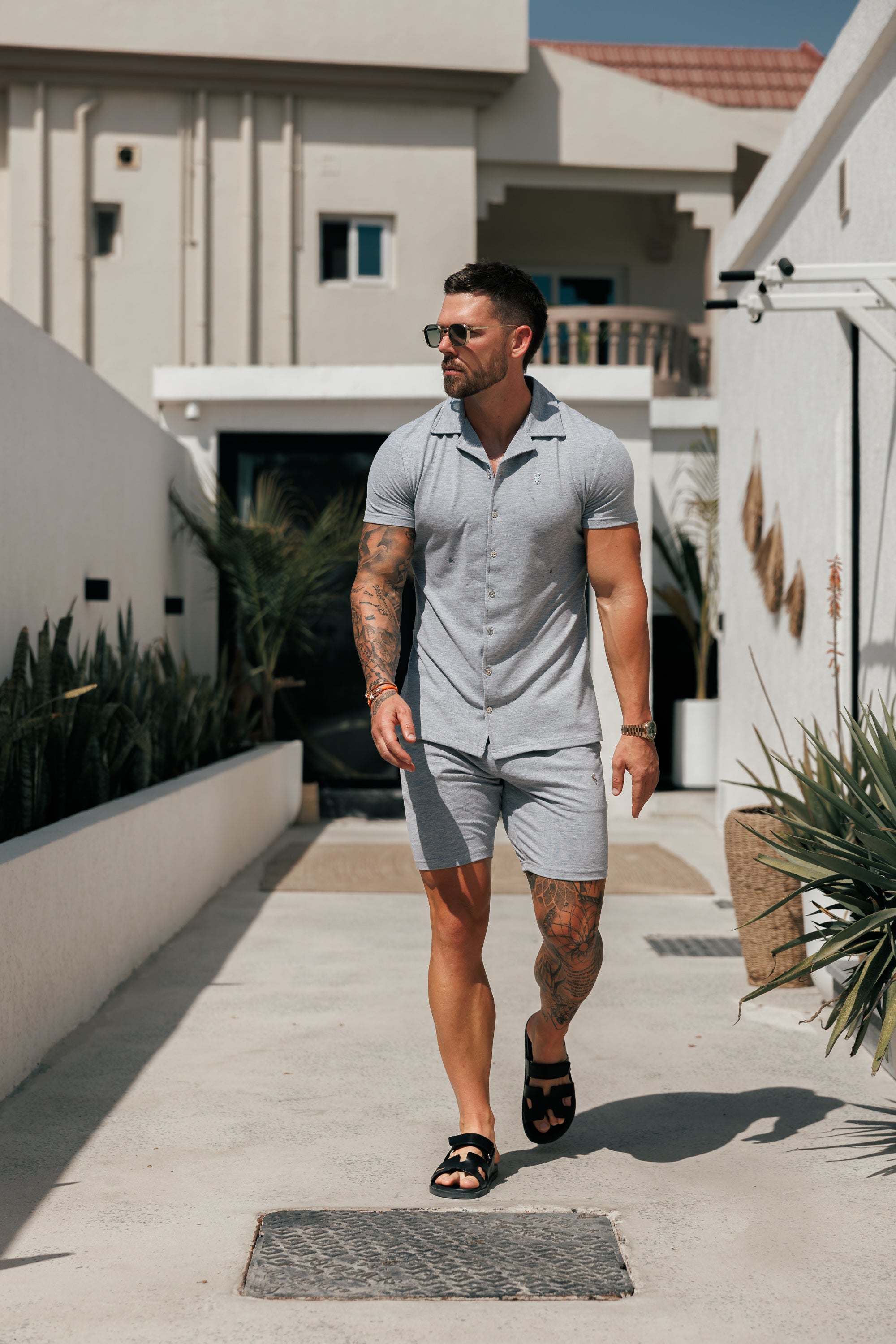 Stretch Light Grey / Silver Pique Revere Shirt Short Sleeve - FSH1357