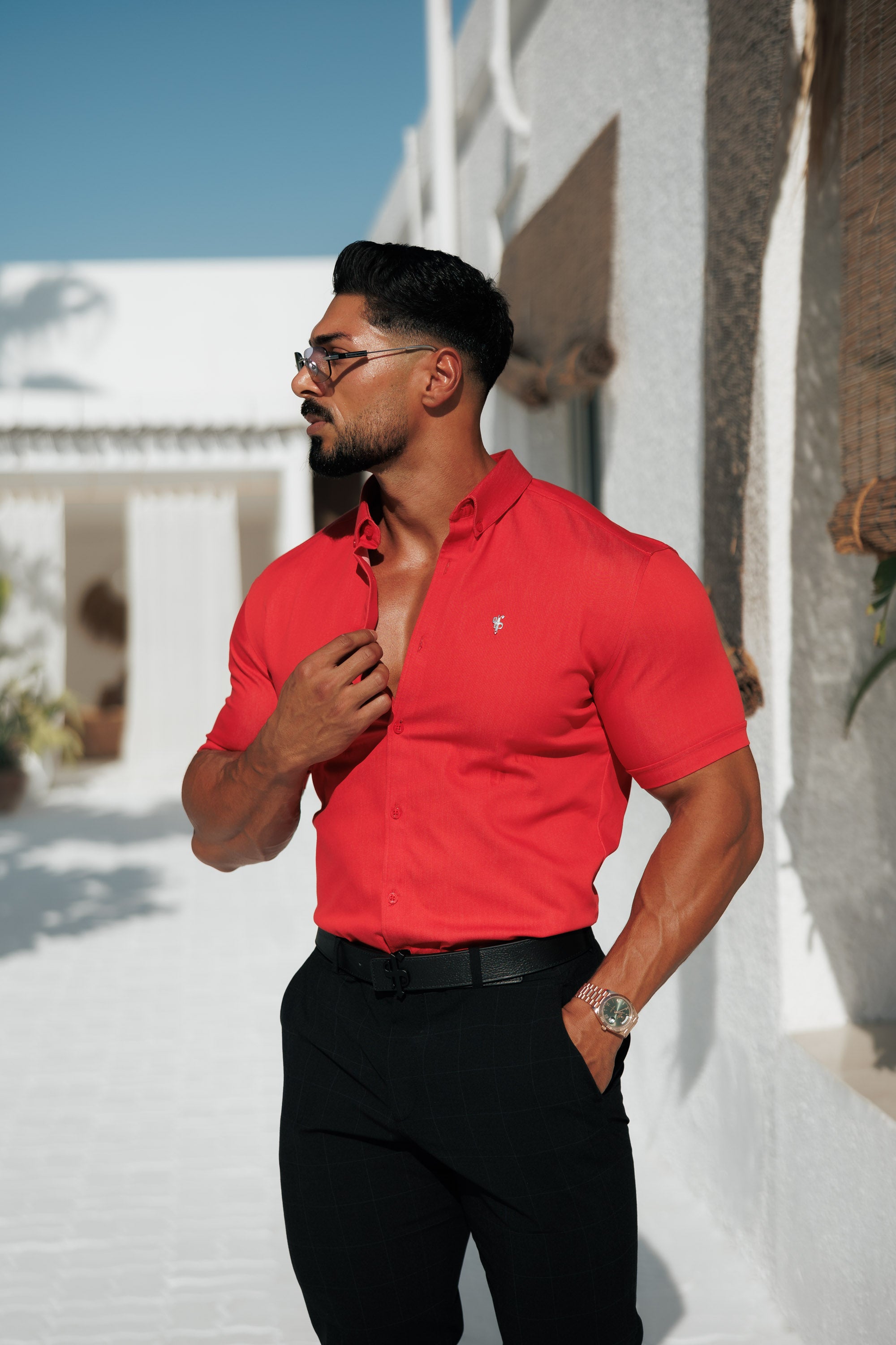 Super Slim Stretch Postbox Red Denim Short Sleeve with Button Down Collar - FS1135