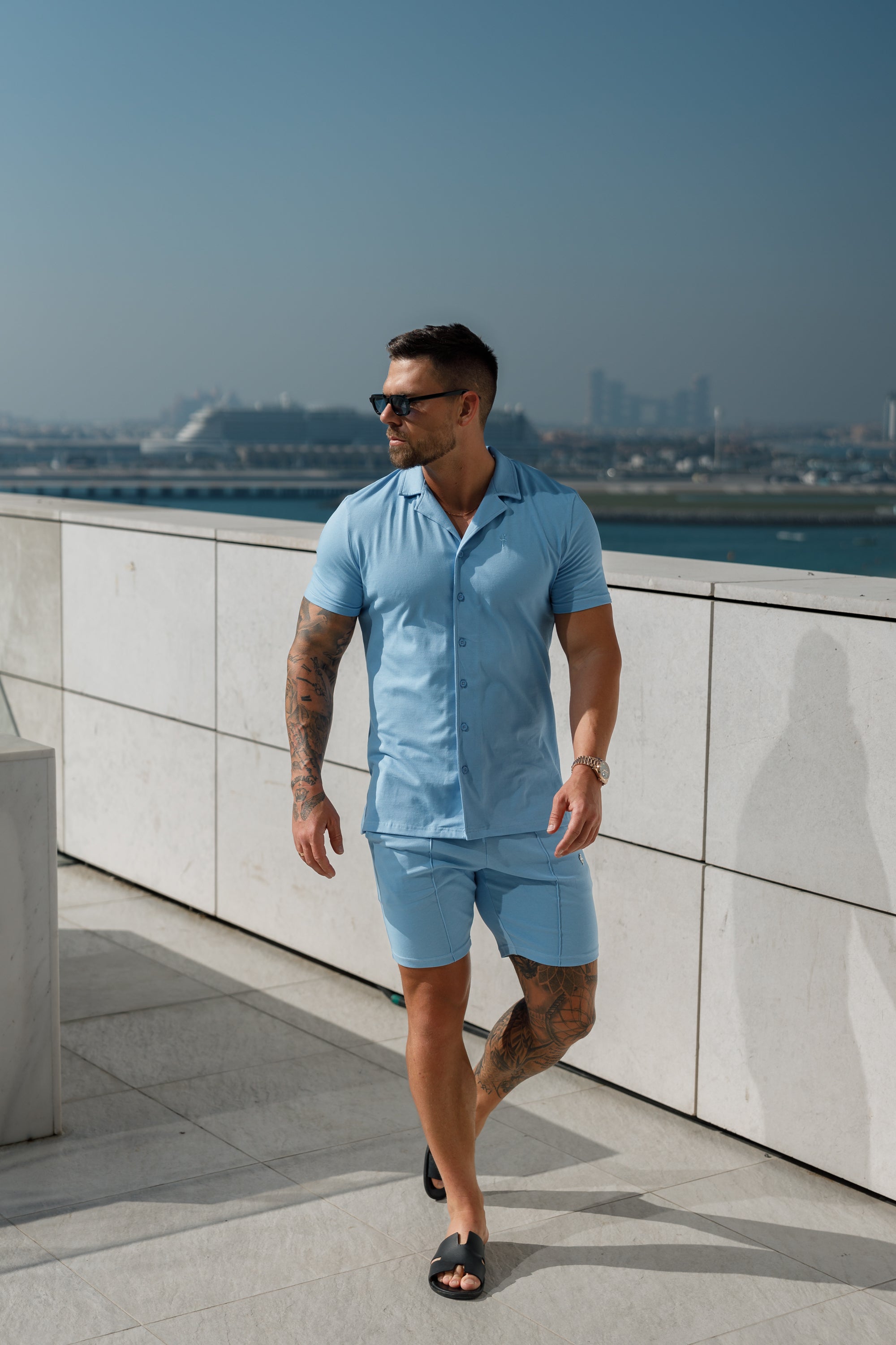 Stretch Light Blue Pique Revere Shirt Short Sleeve - FSH1074
