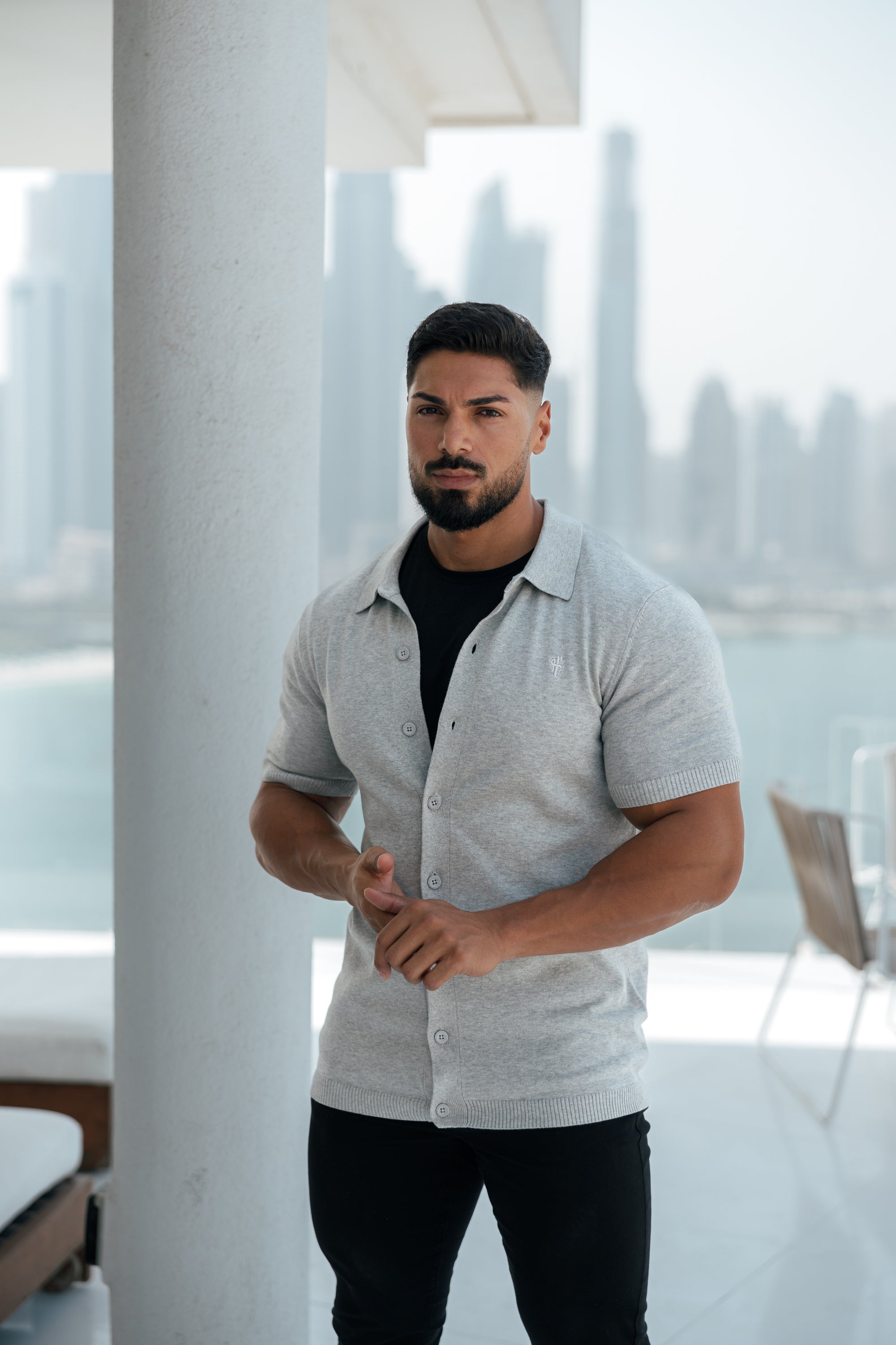 Classic Plain Light Grey Knitted Button Through Polo Short Sleeve - FSN102