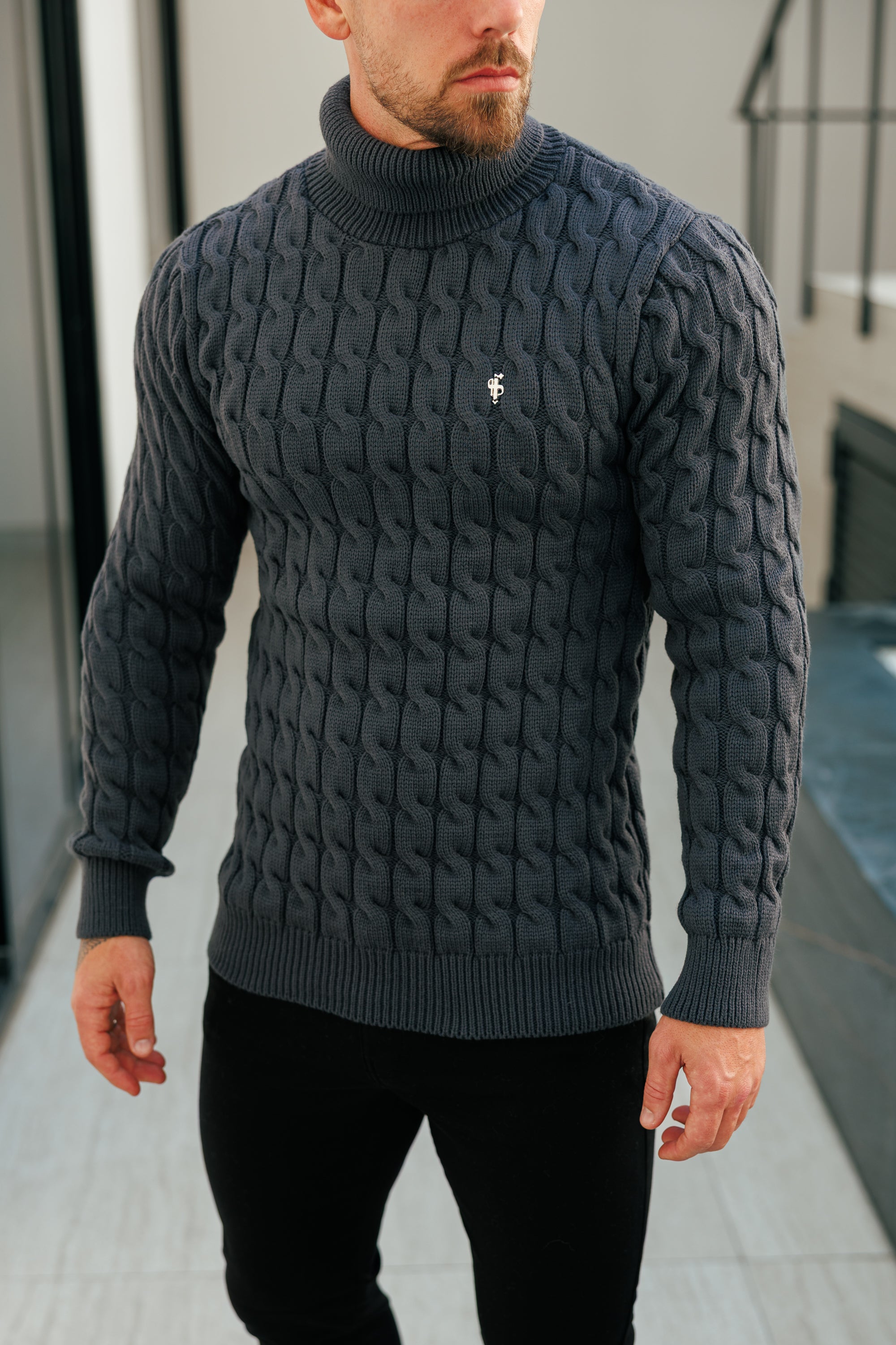 Link Weave Knit Charcoal Roll Neck Jumper - FSJ105