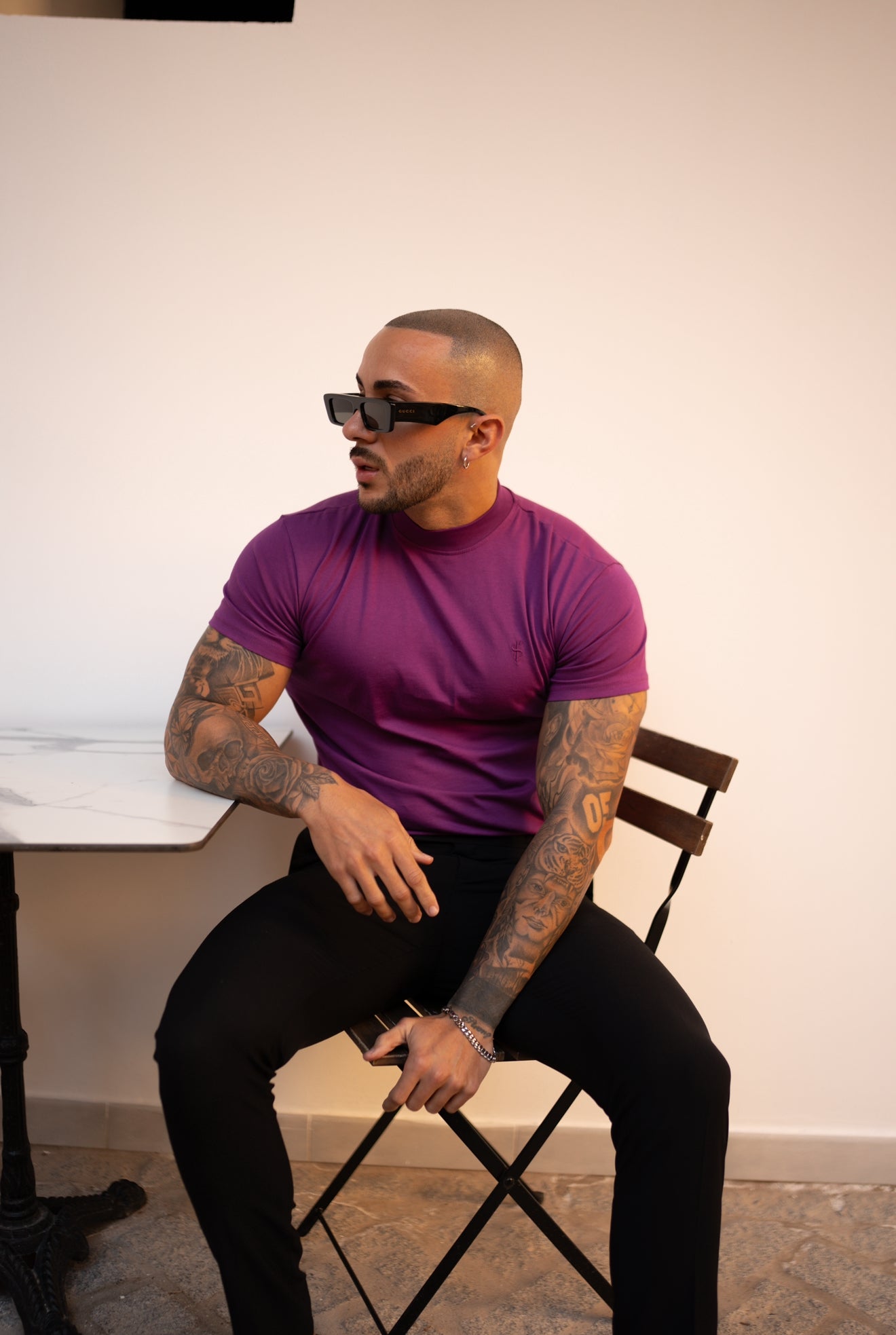 Ribbed High Neck Crew Short Sleeve Purple - FSH1139