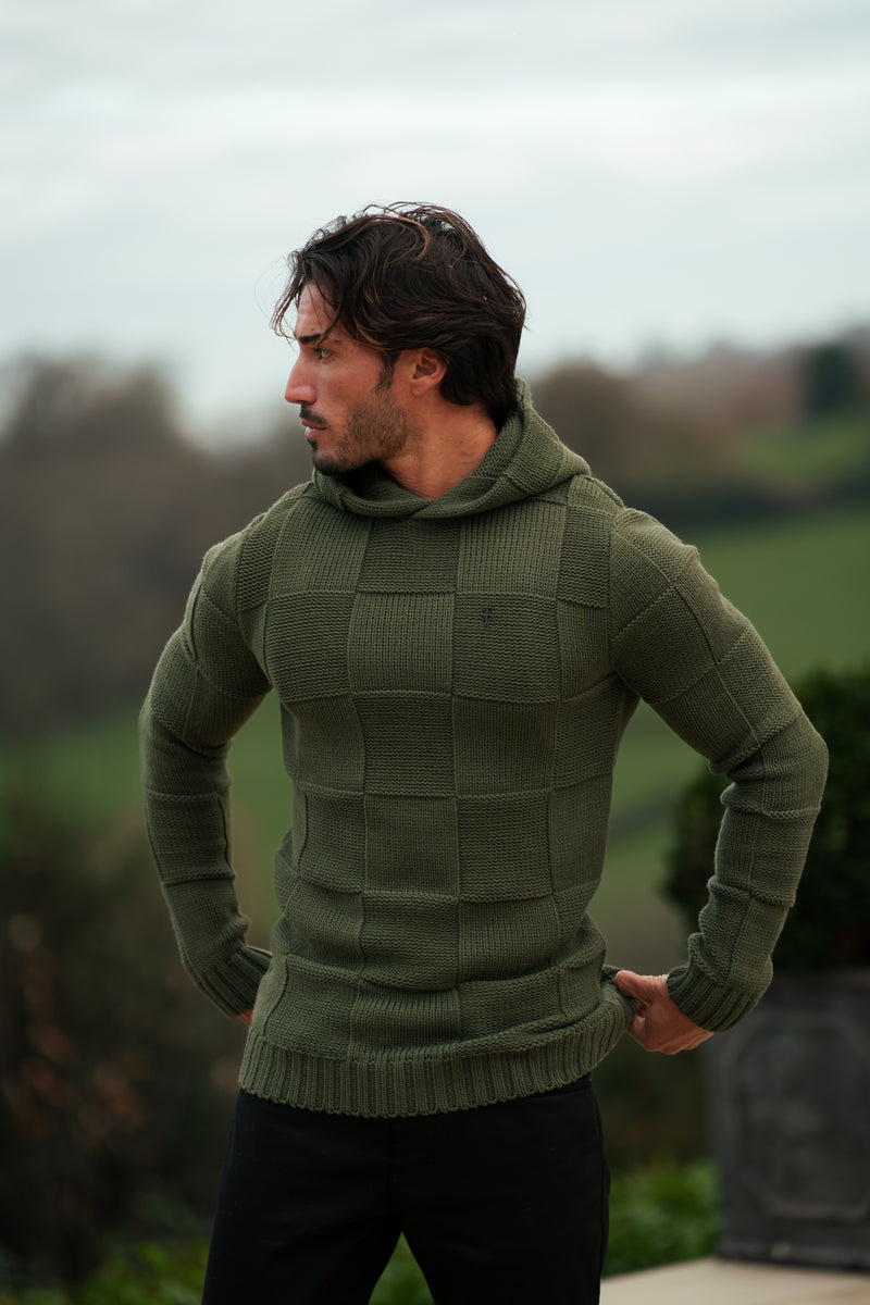 Father Sons Olive Checkerboard Knitted Hoodie - FSJ137 (PRE ORDER 11TH DECEMBER)