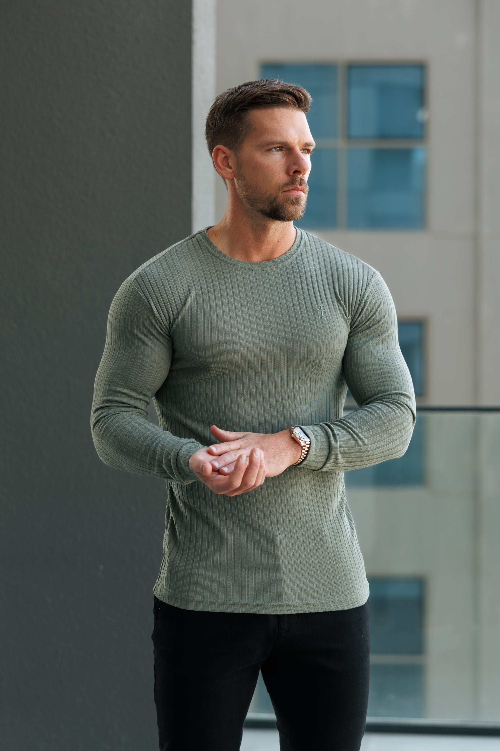Father Sons Classic Olive Ribbed Knit Jumper With Tonal Embroidery -  FSH1285