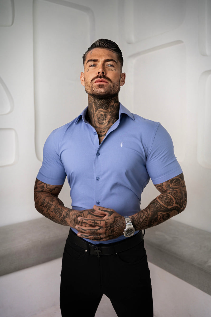 Father Sons Muscle Fit Advanced Stretch Mid Blue Short Sleeve with Cutaway Collar - FS1203