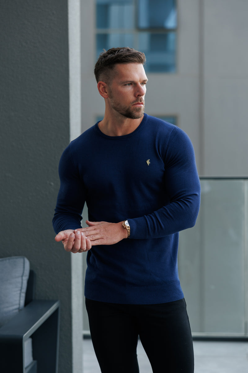 FS Navy Crew Neck Knitted Jumper With FS Branding -  FSN197