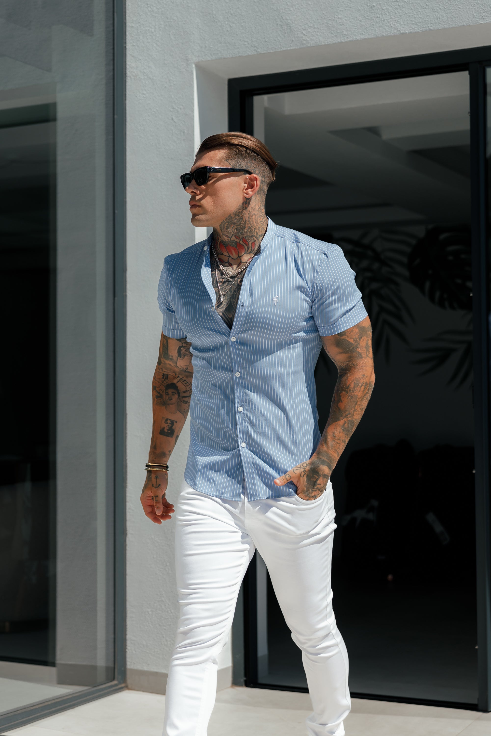 Super Slim Stretch Light Blue Printed Pinstripe Short Sleeve with Grandad Collar - FS1060