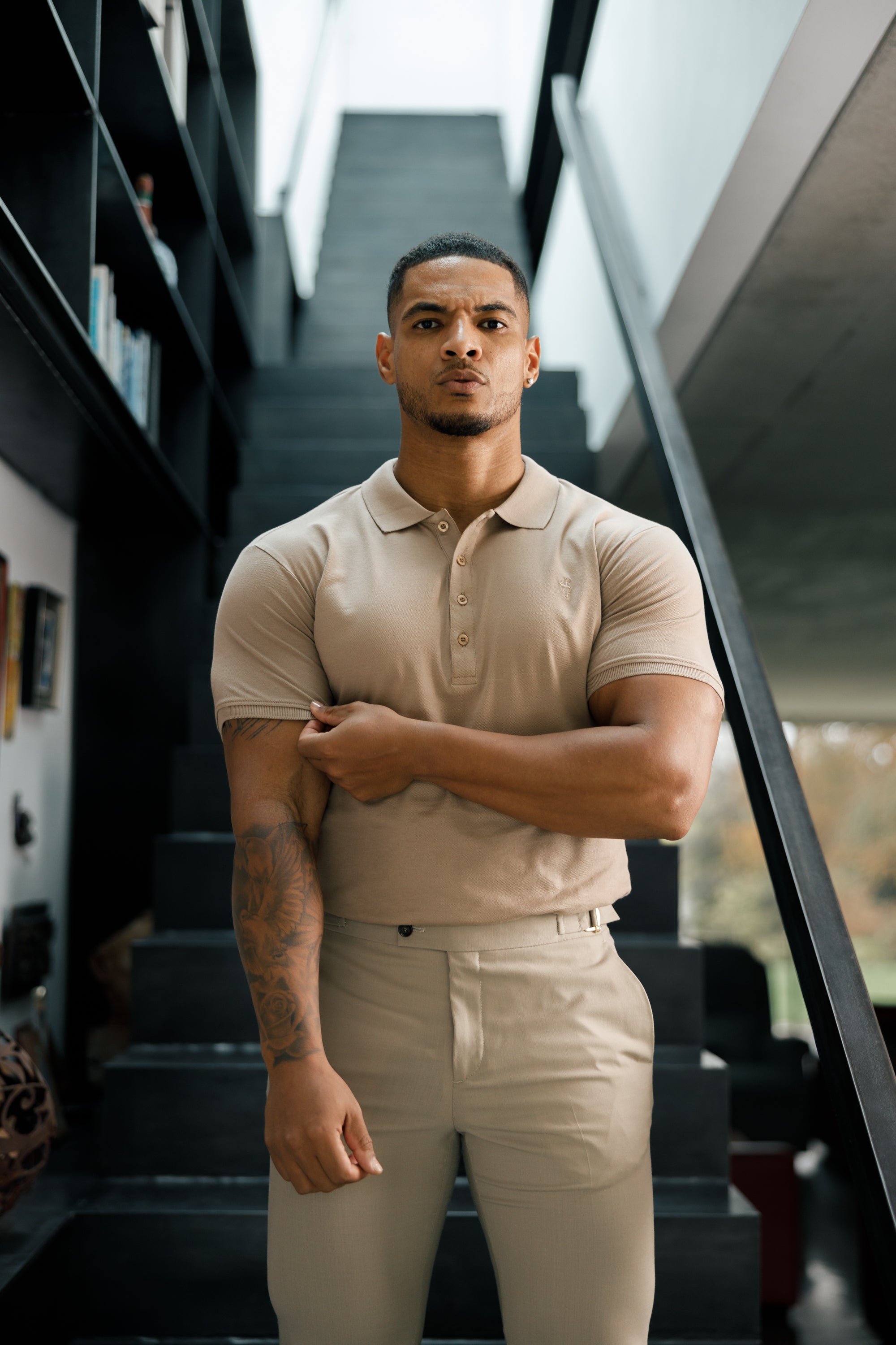 Classic Taupe Polo Shirt with Tonal Button and Embroidery - FSH913