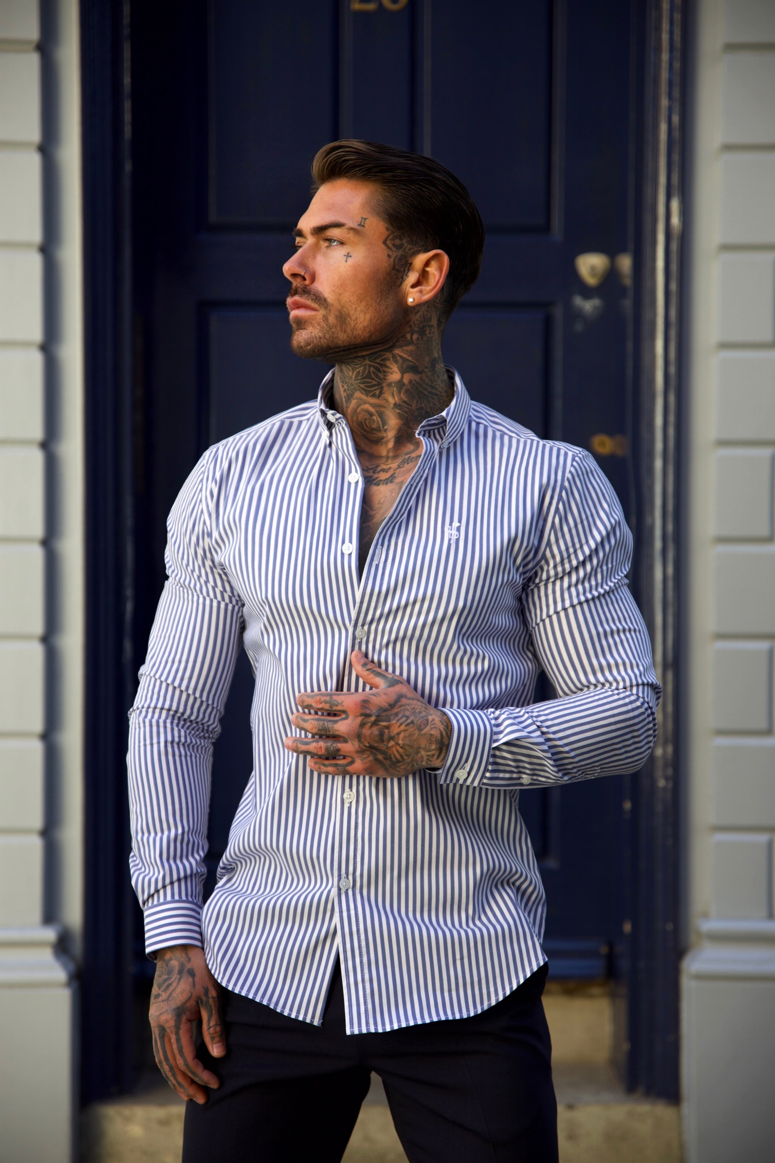Classic Navy and White Single Woven Stripe Long Sleeve - FS981