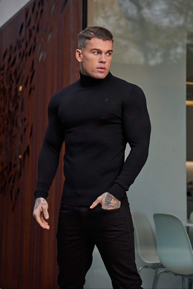 Father Sons Classic Black Roll Neck Knitted Sweater With Tonal Emblem - FSN135