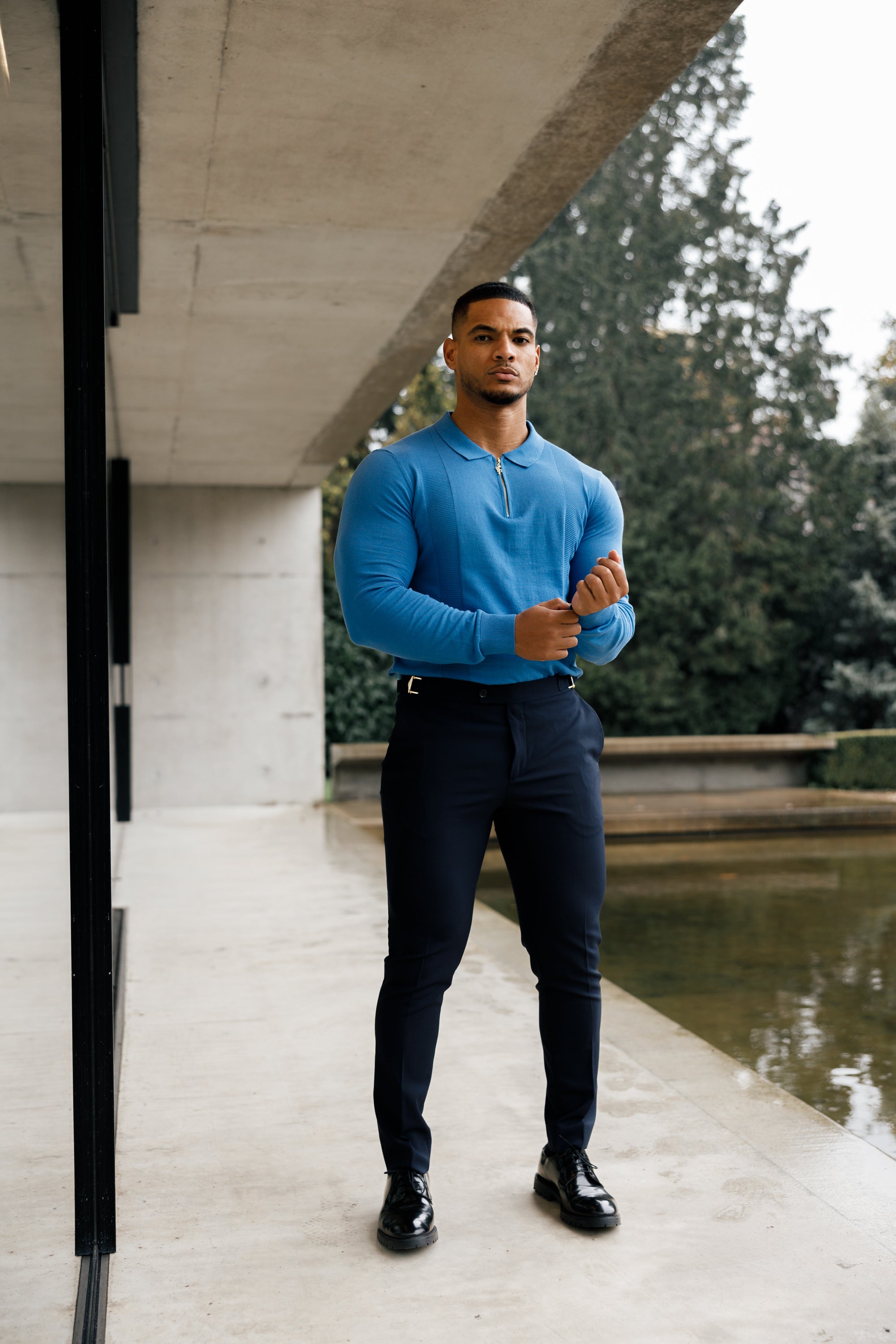 Classic Mid Blue and Gold Zip Knitted Polo Shirt Long Sleeve - FSN129