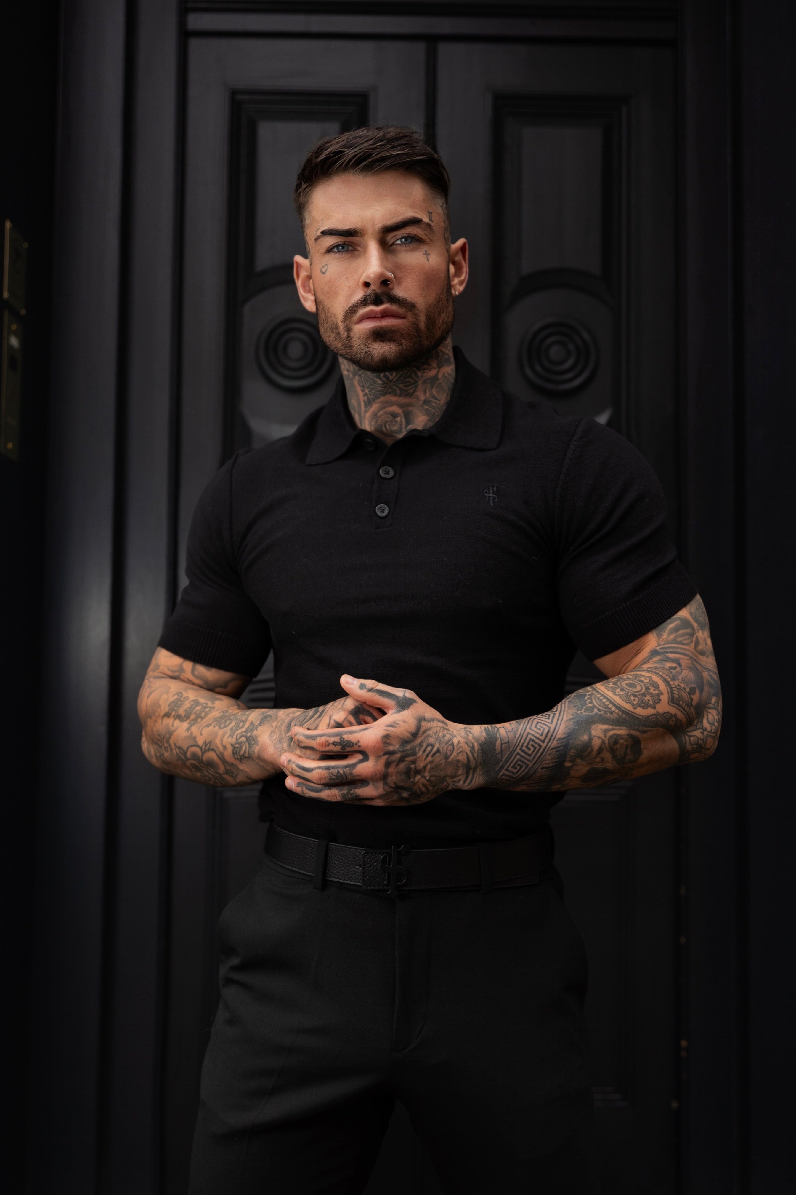 Classic Gunmetal Knitted Polo Jumper Short Sleeve With Tonal FS Embroidery - Acrylic Cotton