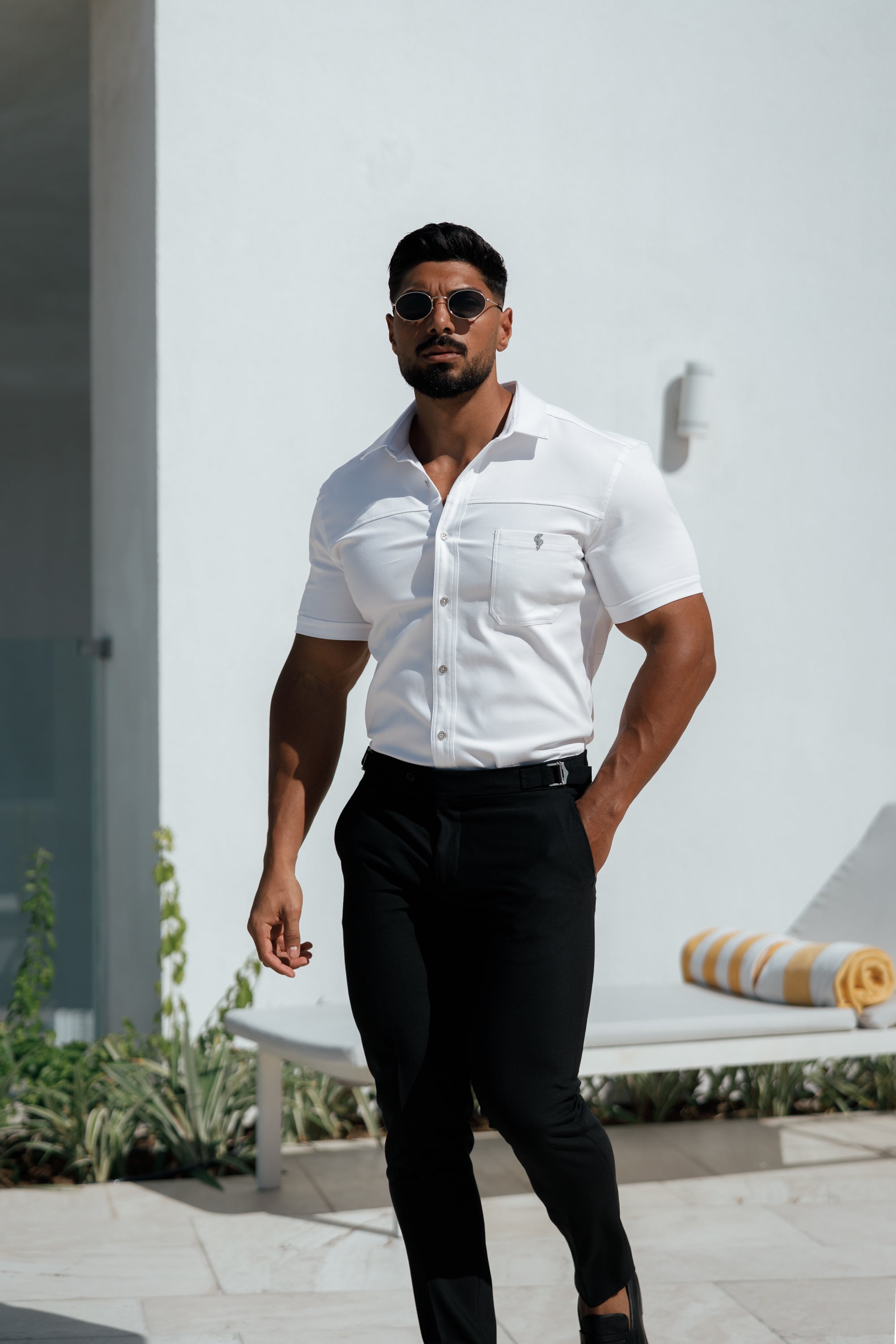 Super Slim Stretch White Denim Short Sleeve with Horizontal Seam and Pocket- FS956