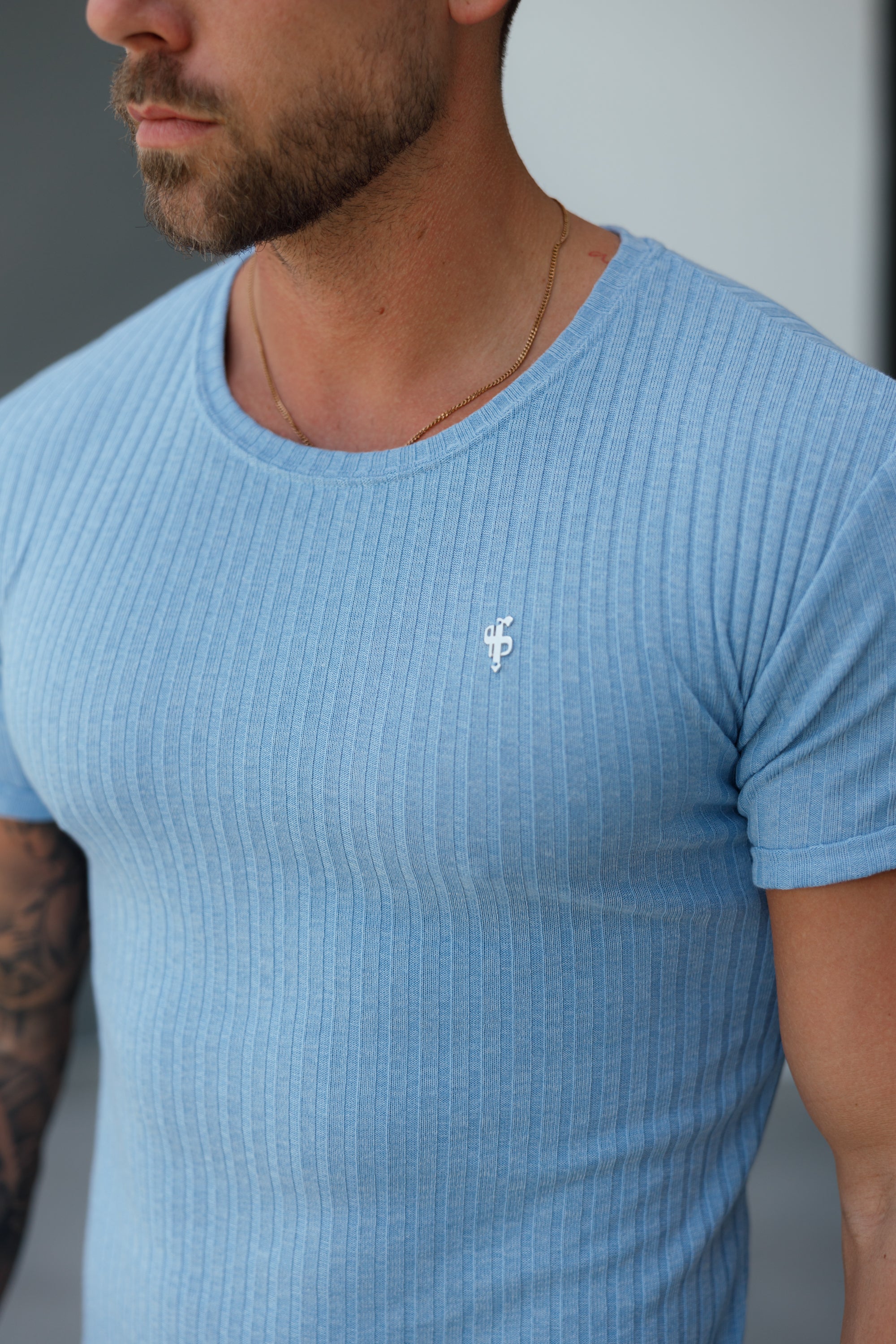 Classic Light Blue / Silver Ribbed Knit Super Slim Short Sleeve Crew T-Shirt - FSH1087