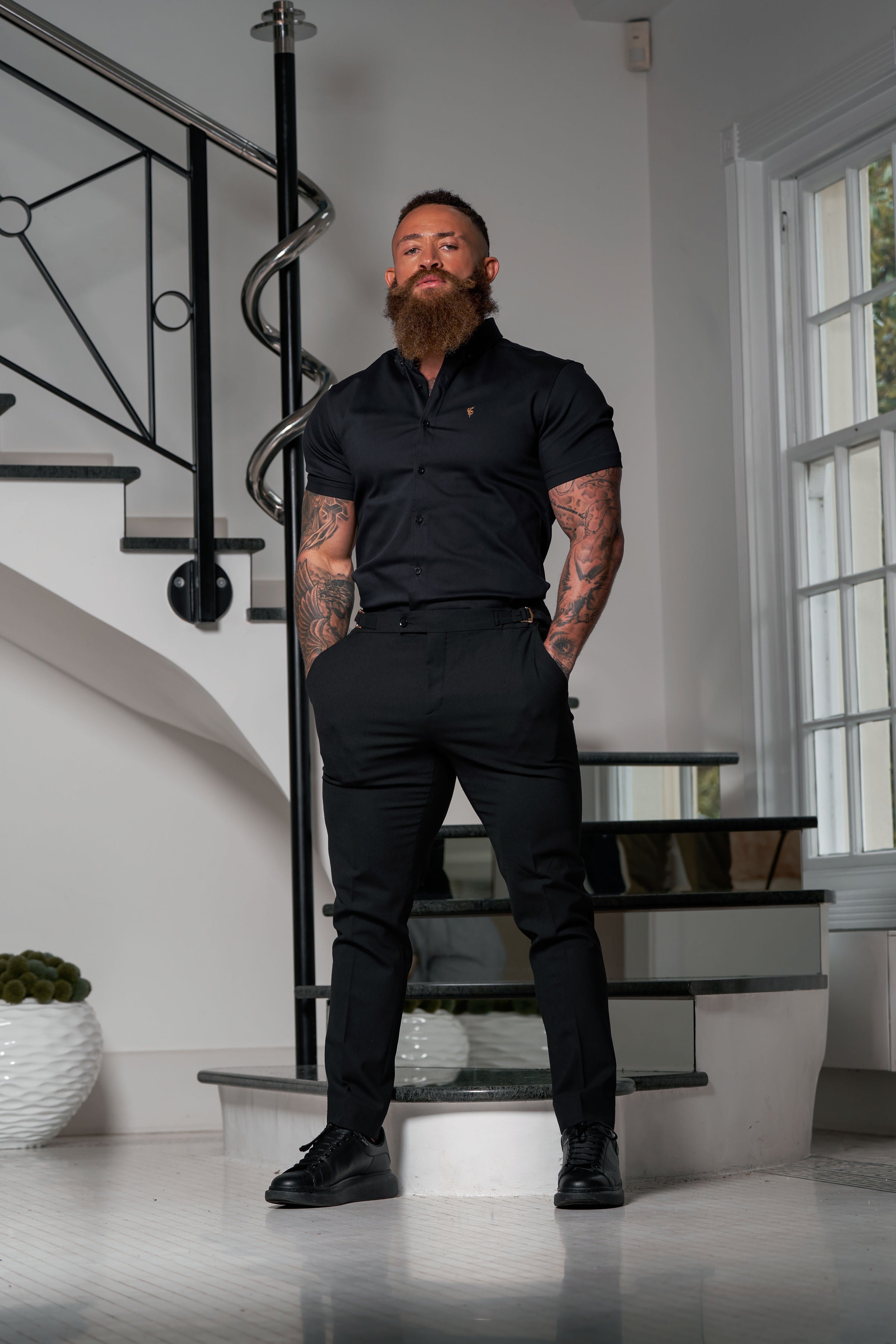 Slim Formal Black Stretch Trousers With Gold Waist Adjusters - FST041