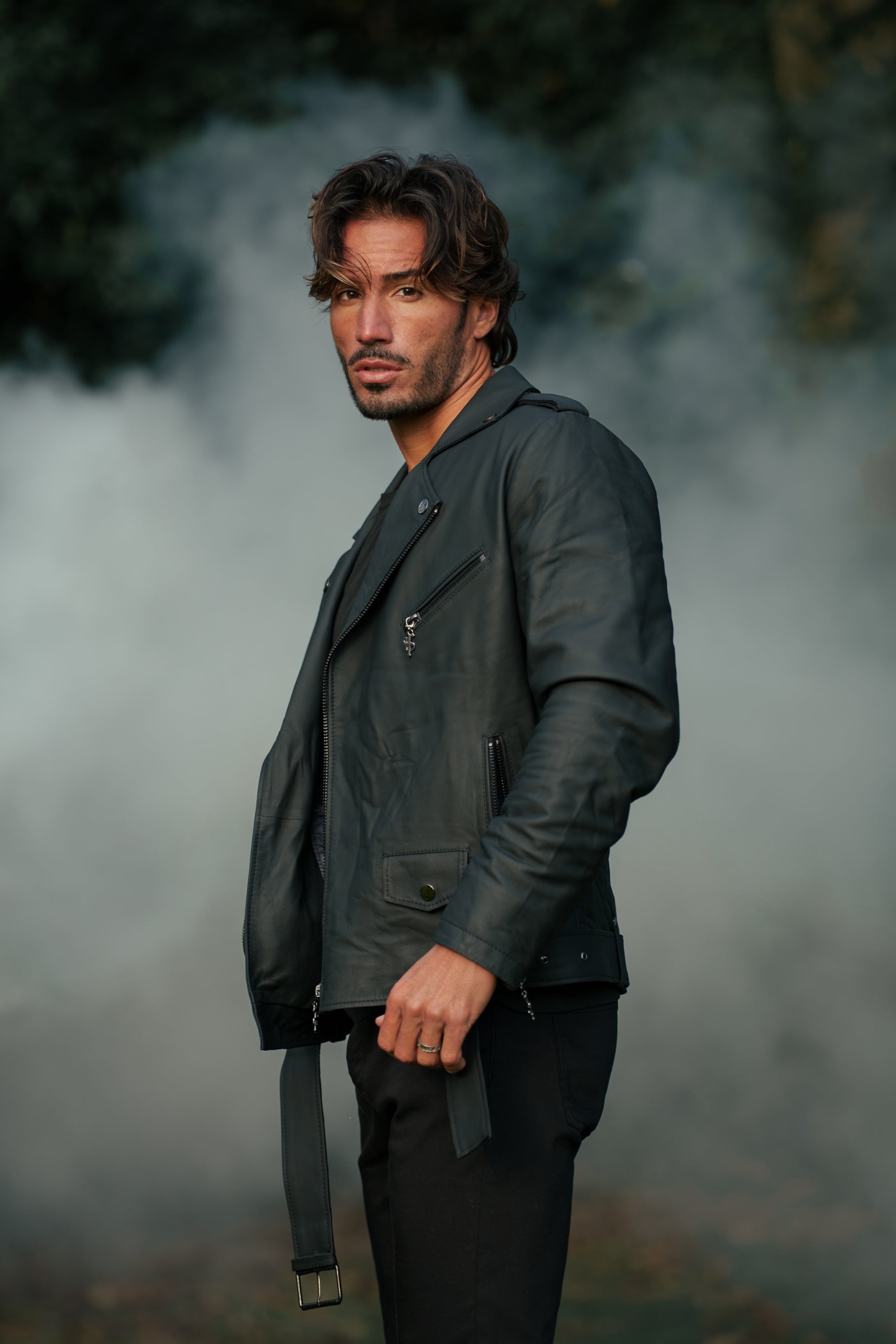 Black Leather Jacket with Belt Detail - FSH313