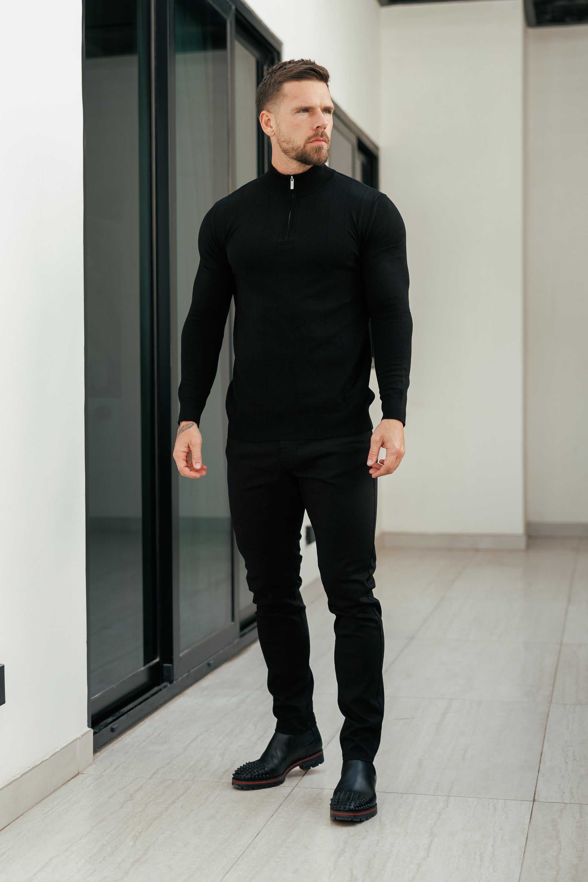 Self Stripe 1/4 Zip Funnel Neck Knit Jumper Black Long Sleeve  -  FSR050