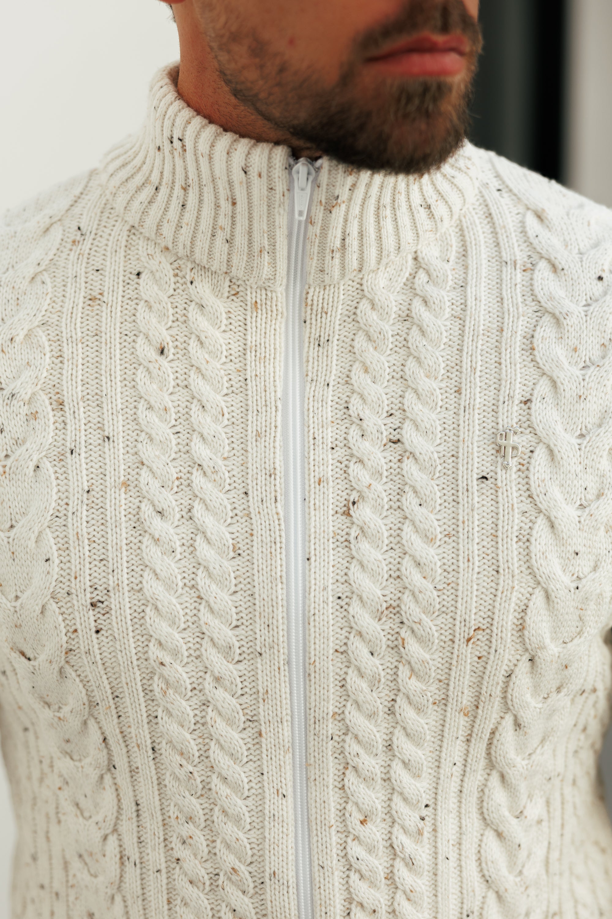 Chunky Zipped Cardigan Beige Fleck -  FSJ148