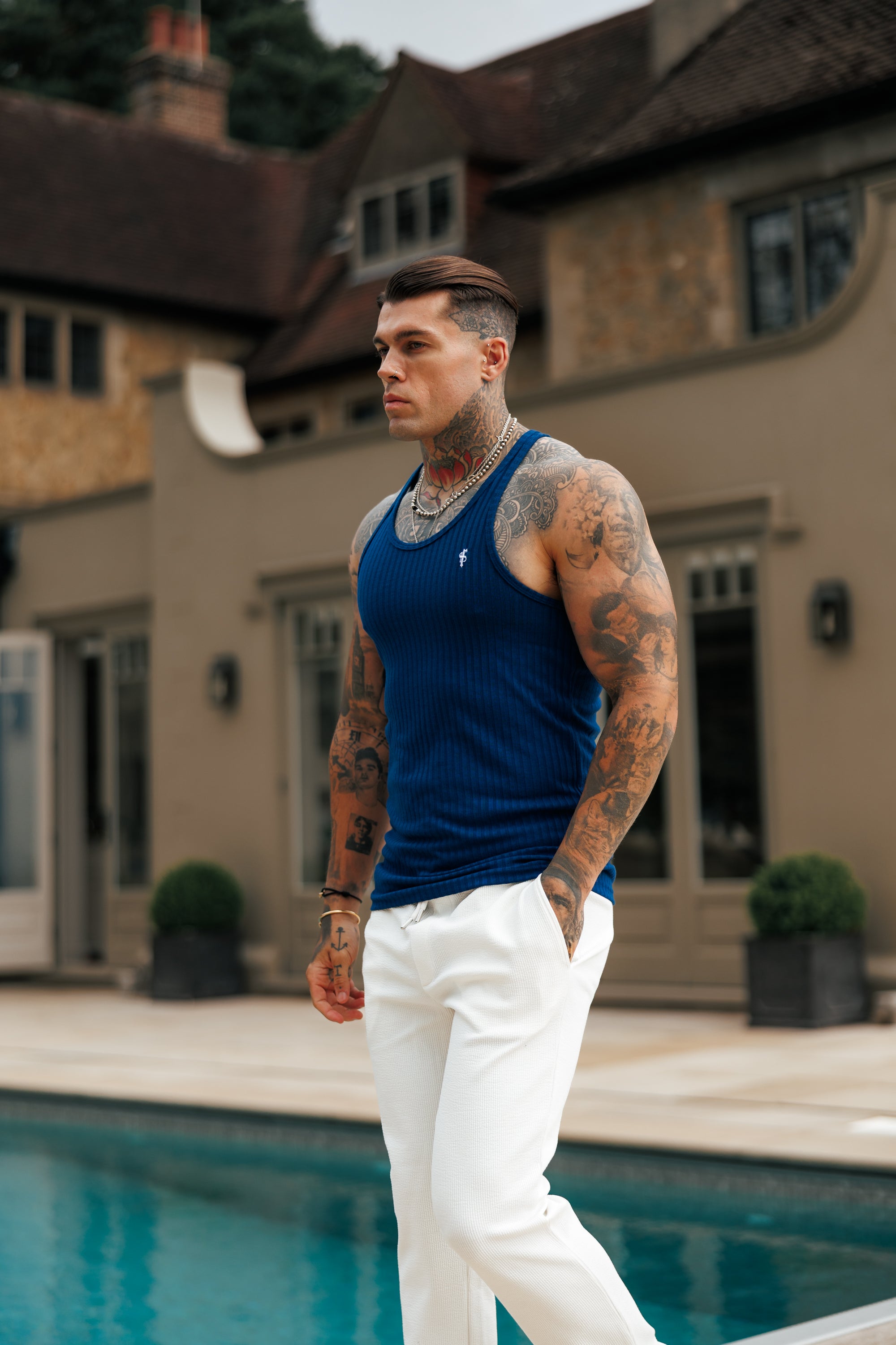 New Navy / White Ribbed Knit Super Slim Vest - FSH1328