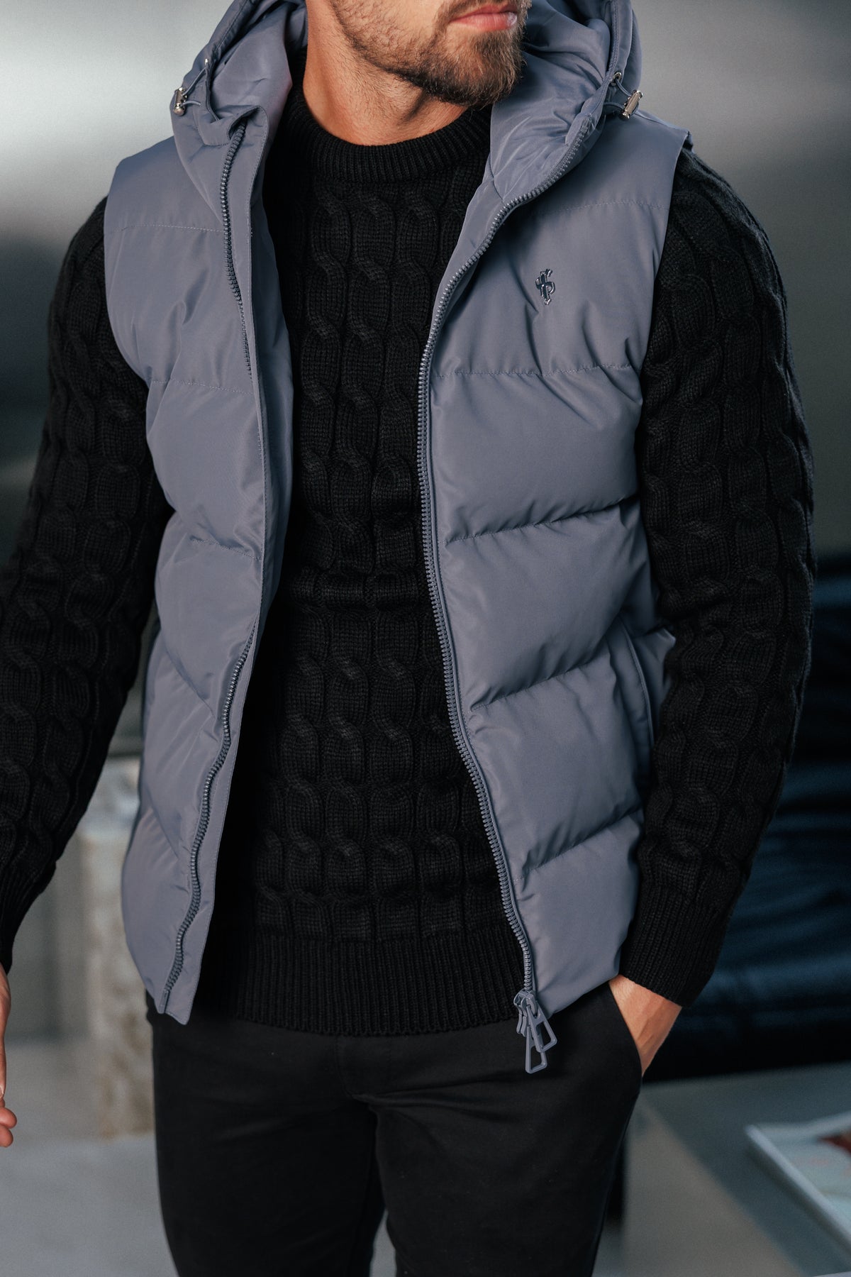 Charcoal Padded Hooded Gilet - FSN241